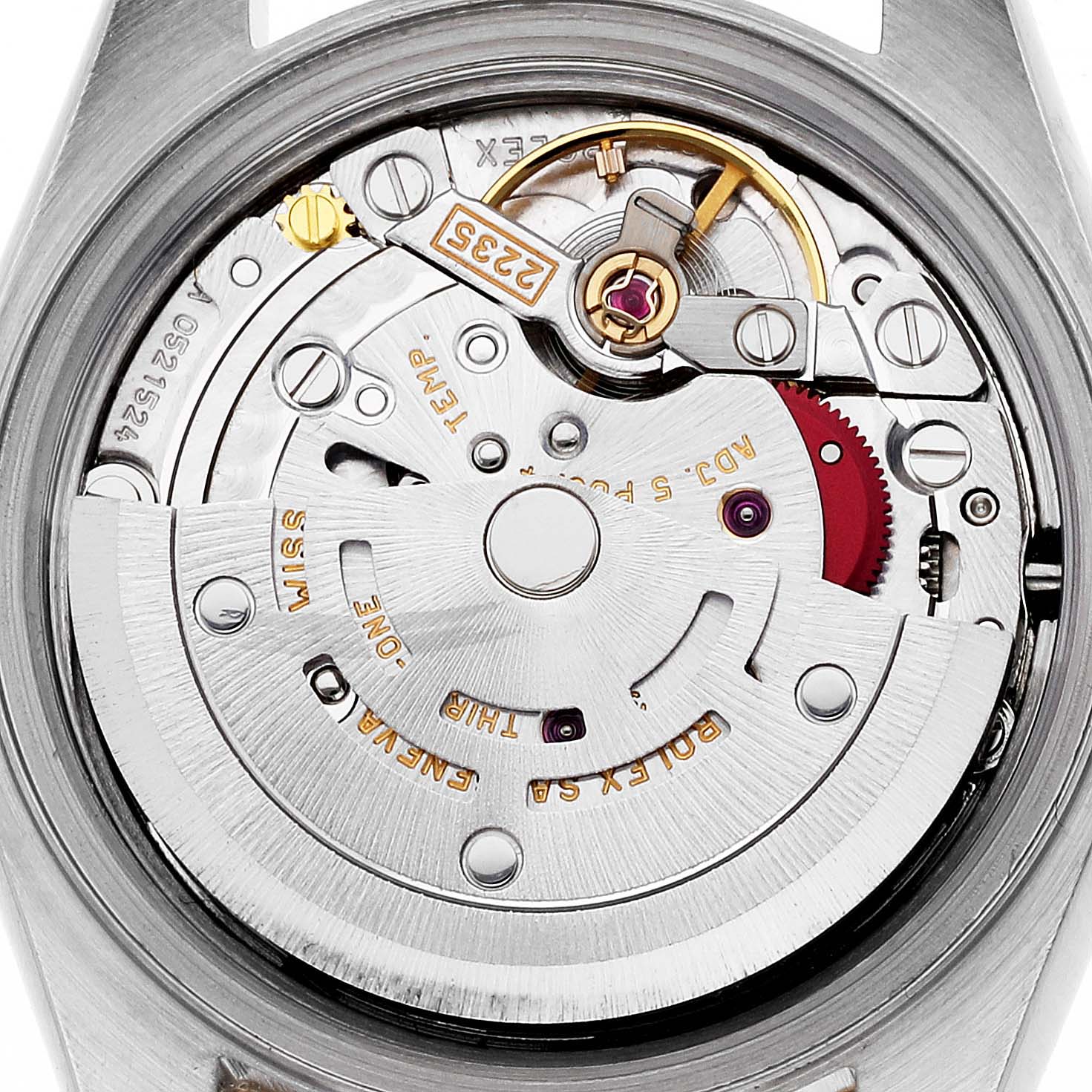 The image shows the internal mechanical movement of a Rolex Datejust 79163 Women's Steel and Gold (two tone) Champagne Dial 79163 Women's Steel and Gold (two tone) Champagne Dial watch from a close-up, top-down angle.