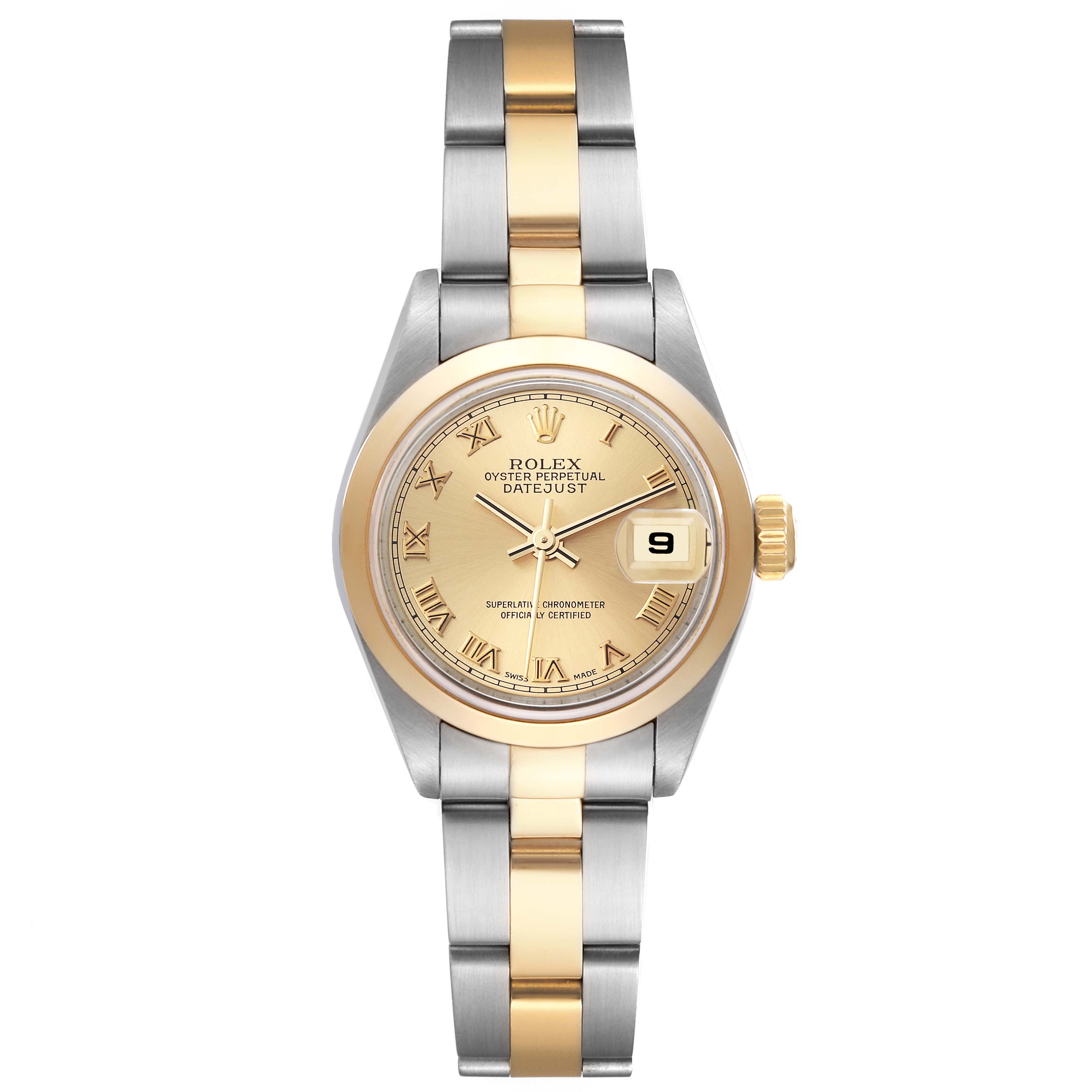 This image shows a Rolex Datejust 79163 Women's Steel and Gold (two tone) Champagne Dial 79163 Women's Steel and Gold (two tone) Champagne Dial watch from a top-down angle, highlighting its dial, case, and two-tone bracelet.