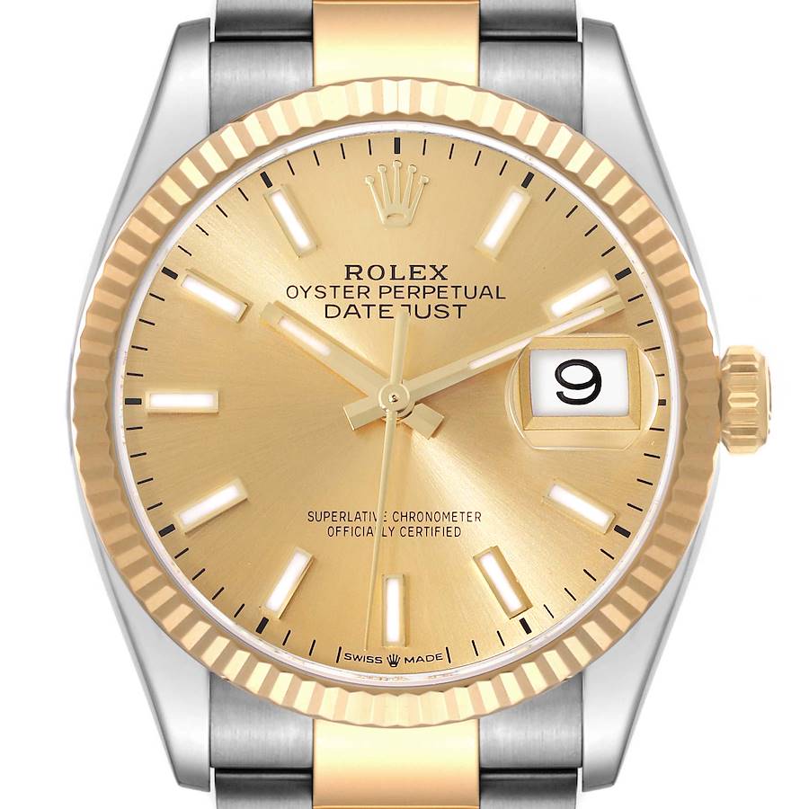 The Rolex Datejust watch is shown front-facing, highlighting the dial, bezel, crown, and part of the bracelet.