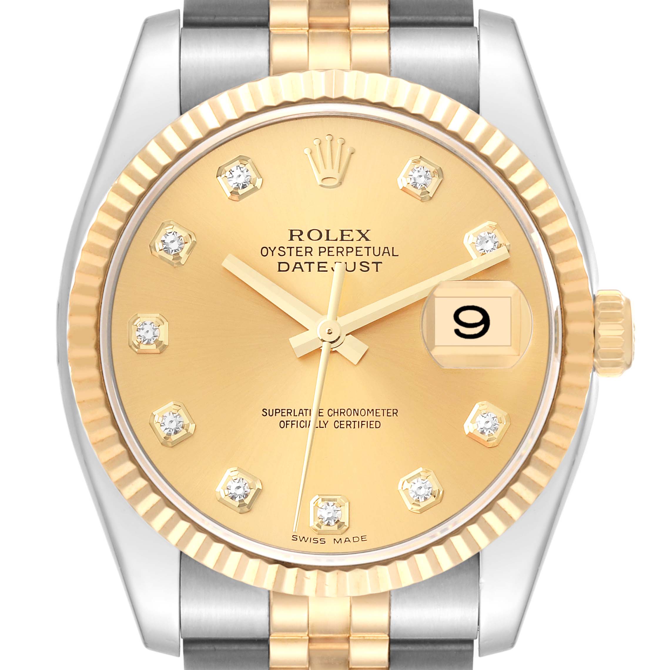 This image shows a front view of a Rolex Datejust 116233 Men's Steel and Gold (two tone) Champagne Dial 116233 Men's Steel and Gold (two tone) Champagne Dial watch, highlighting the gold dial, diamond hour markers, date window, and two-tone bracelet.