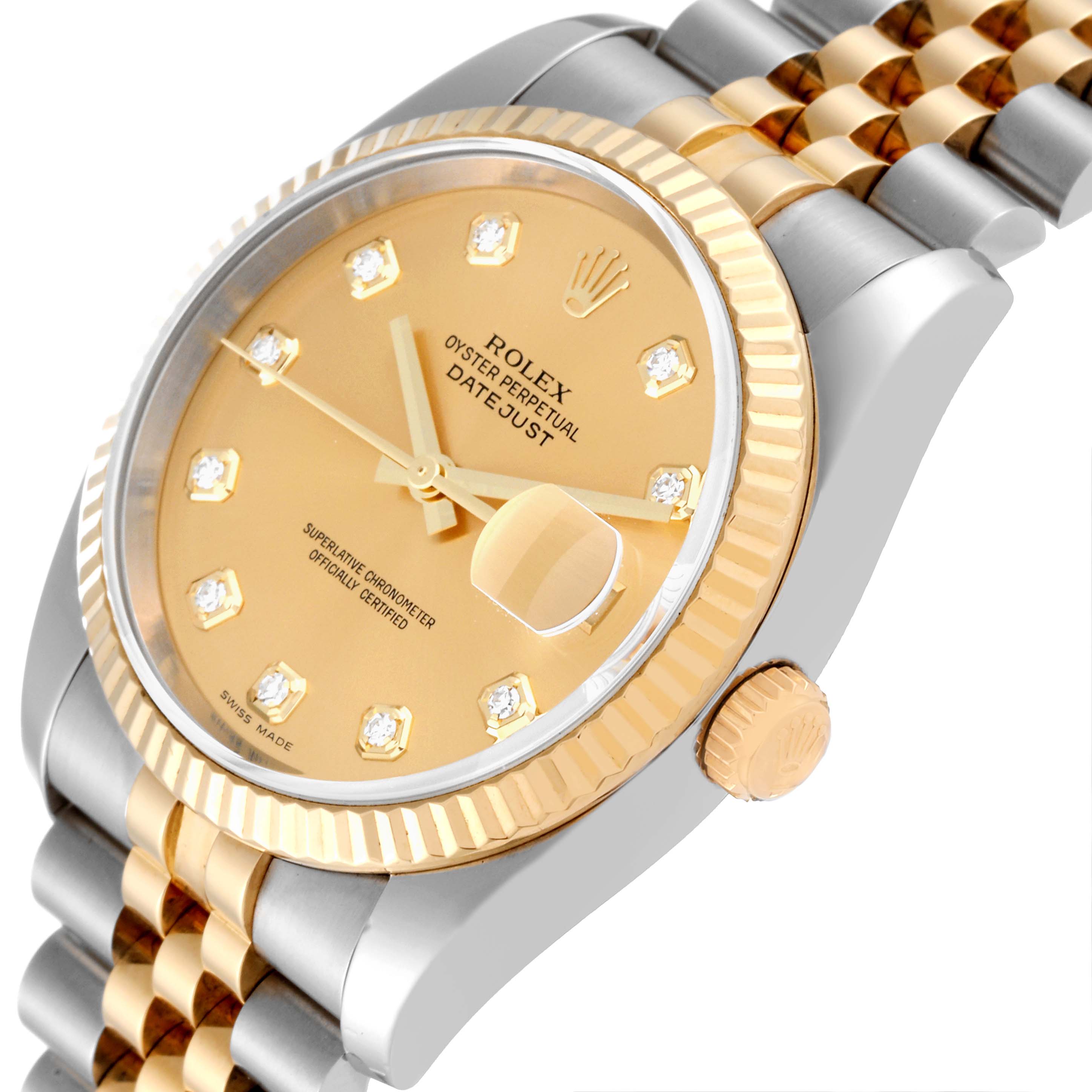 The image shows a side angle of the Rolex Datejust 116233 Men's Steel and Gold (two tone) Champagne Dial 116233 Men's Steel and Gold (two tone) Champagne Dial watch, highlighting the dial, crown, and jubilee bracelet.