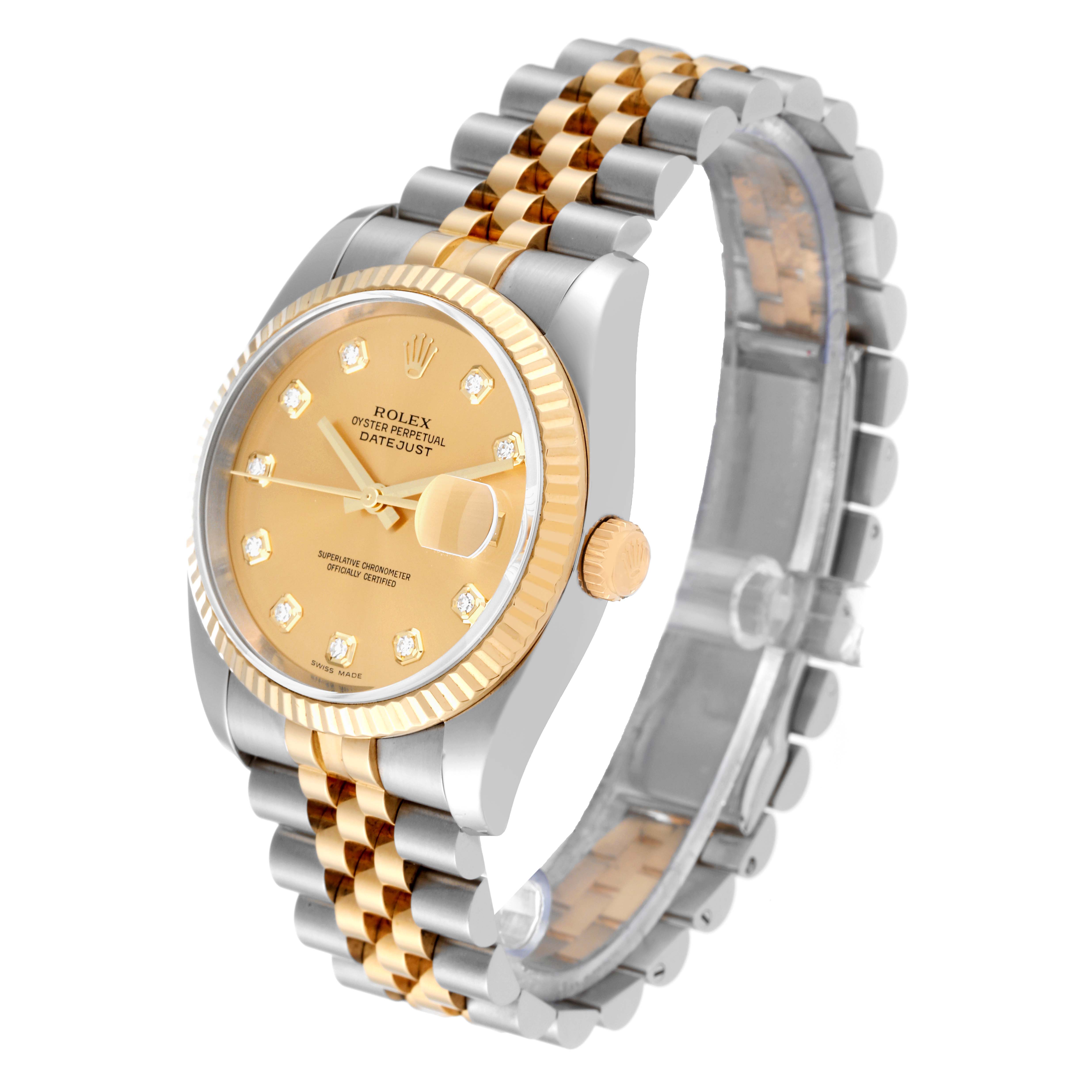 The Rolex Datejust 116233 Men's Steel and Gold (two tone) Champagne Dial 116233 Men's Steel and Gold (two tone) Champagne Dial watch is shown at an angle displaying the face, bezel, crown, and Jubilee bracelet.