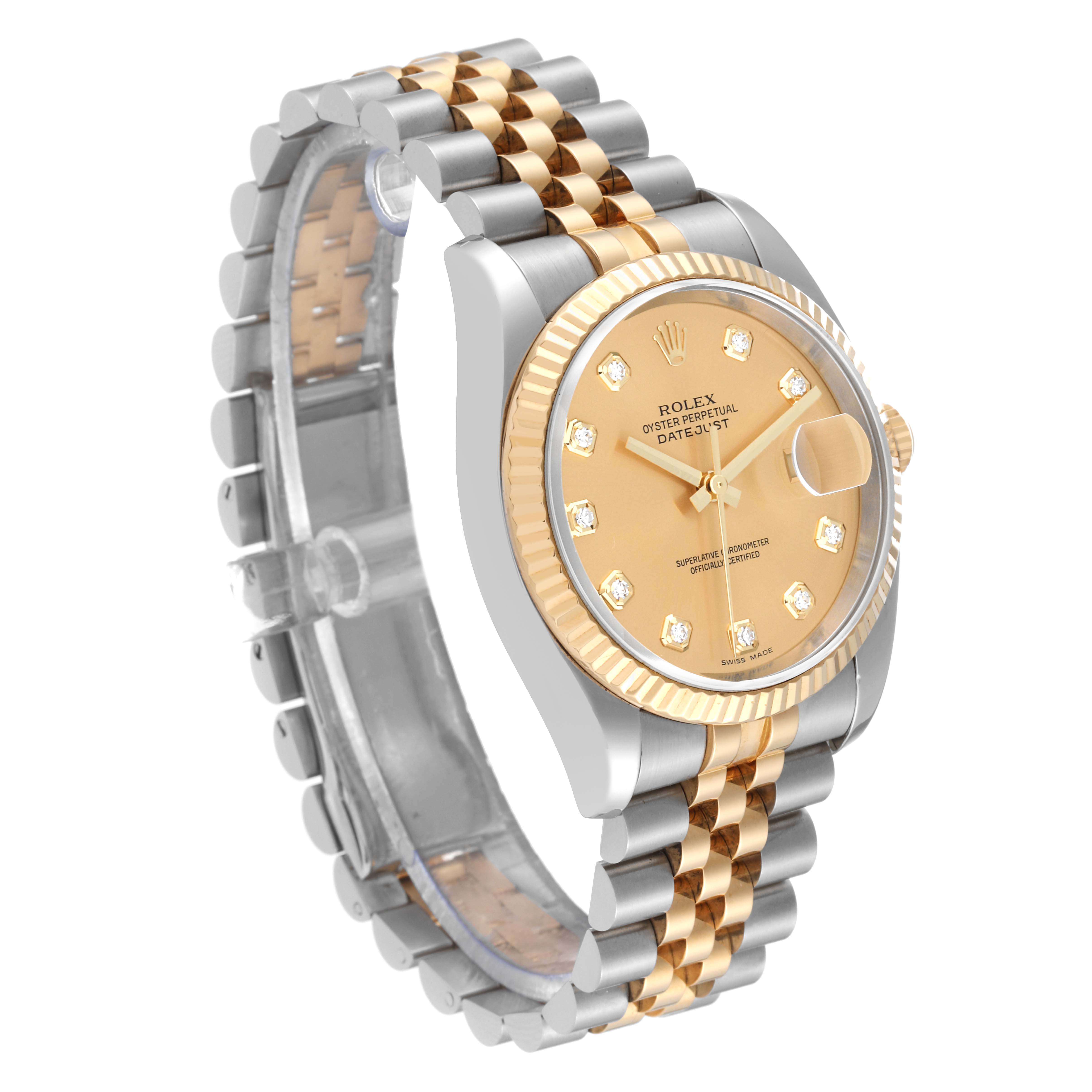 The Rolex Datejust 116233 Men's Steel and Gold (two tone) Champagne Dial 116233 Men's Steel and Gold (two tone) Champagne Dial watch is shown at a slight angle, highlighting its two-tone bracelet, fluted bezel, and champagne dial.