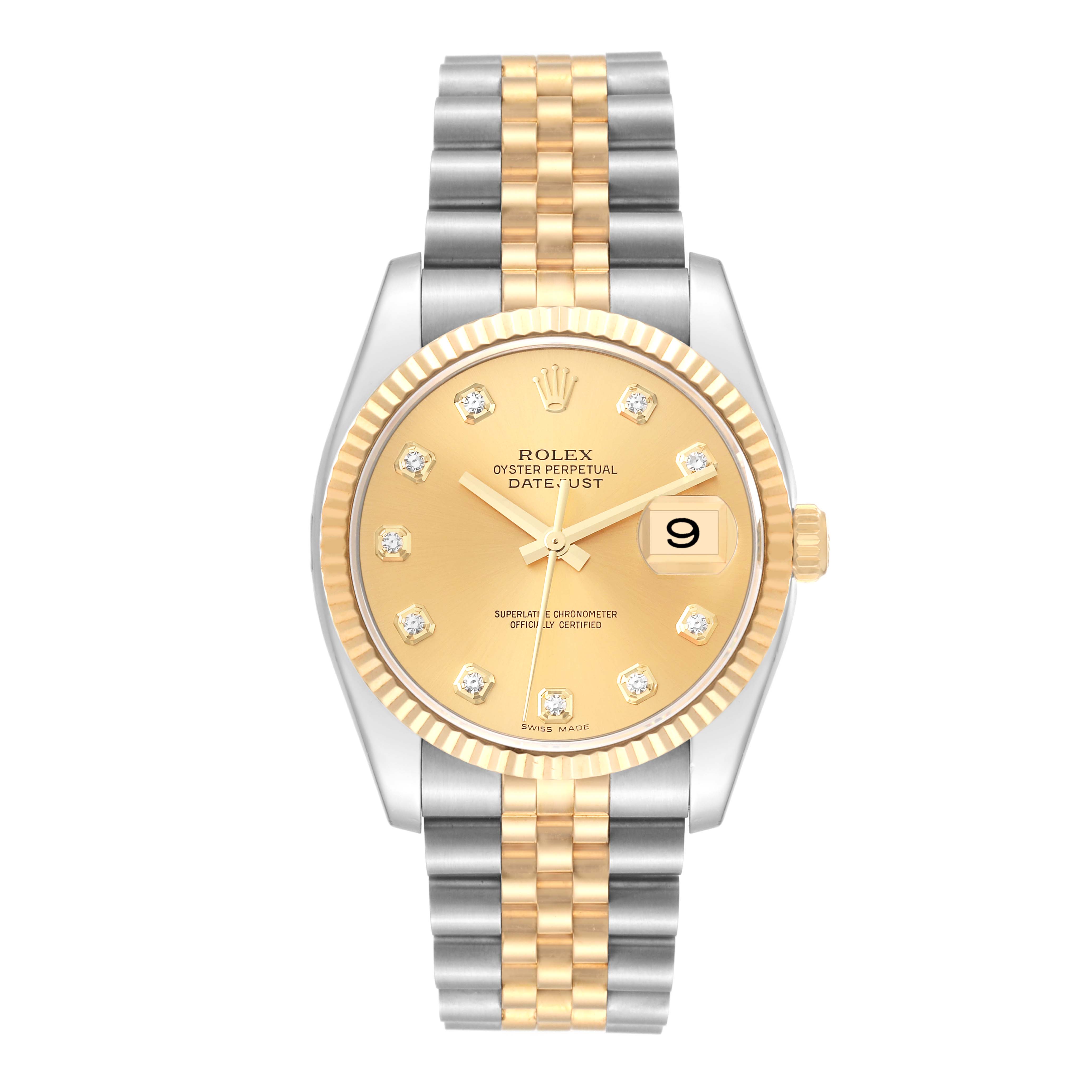 This image shows a front view of a Rolex Datejust 116233 Men's Steel and Gold (two tone) Champagne Dial 116233 Men's Steel and Gold (two tone) Champagne Dial watch with a gold dial, diamond hour markers, and a two-tone bracelet.
