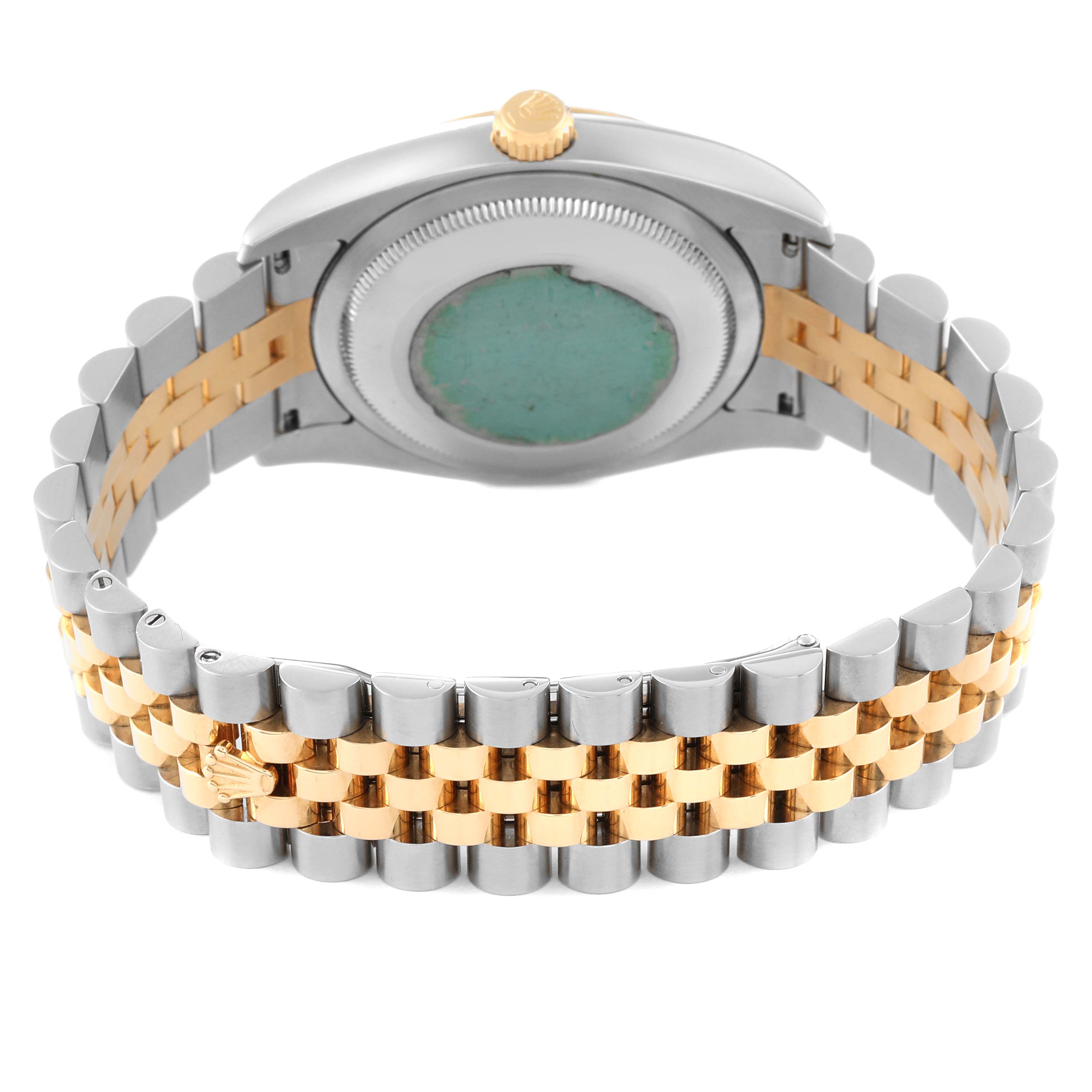 This is the rear view of the Rolex Datejust 116233 Men's Steel and Gold (two tone) Champagne Dial 116233 Men's Steel and Gold (two tone) Champagne Dial watch, showing the back case and two-tone metal bracelet.