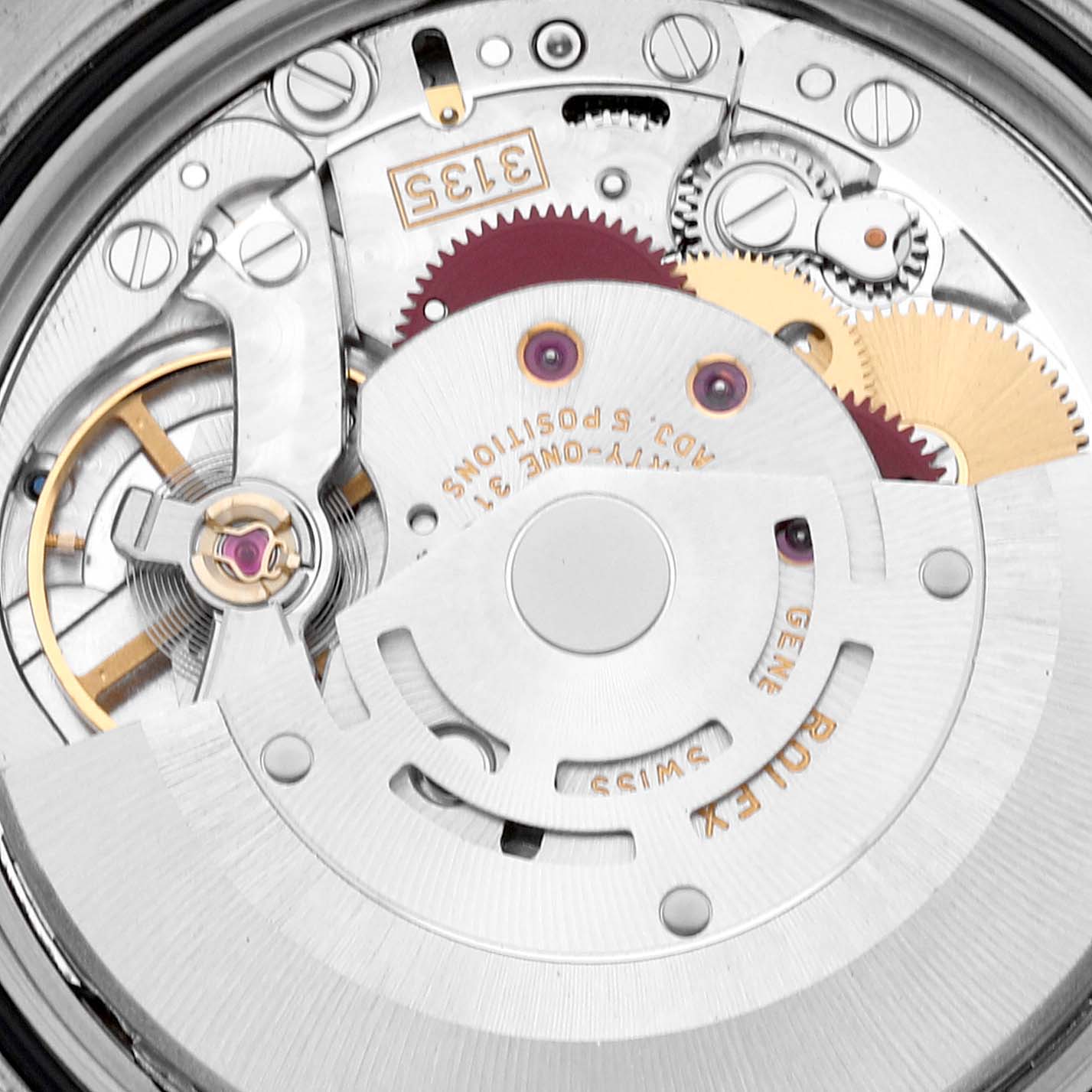 This image shows the intricate internal mechanism of a Rolex Datejust 116233 Men's Steel and Gold (two tone) Champagne Dial 116233 Men's Steel and Gold (two tone) Champagne Dial watch, including gears and the rotor.