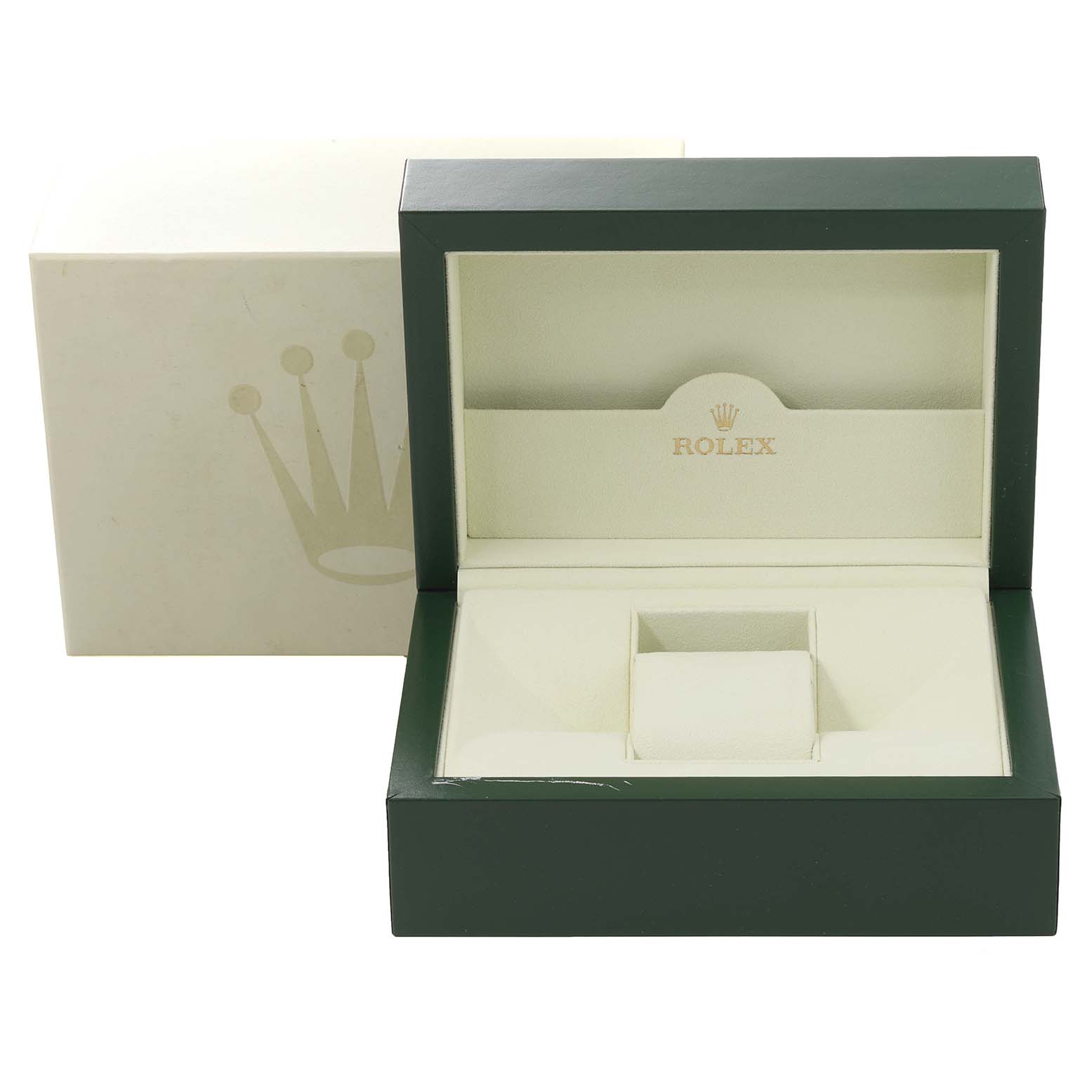This image shows an open green and beige Rolex Datejust 116233 Men's Steel and Gold (two tone) Champagne Dial 116233 Men's Steel and Gold (two tone) Champagne Dial watch box with the brand logo displayed inside.