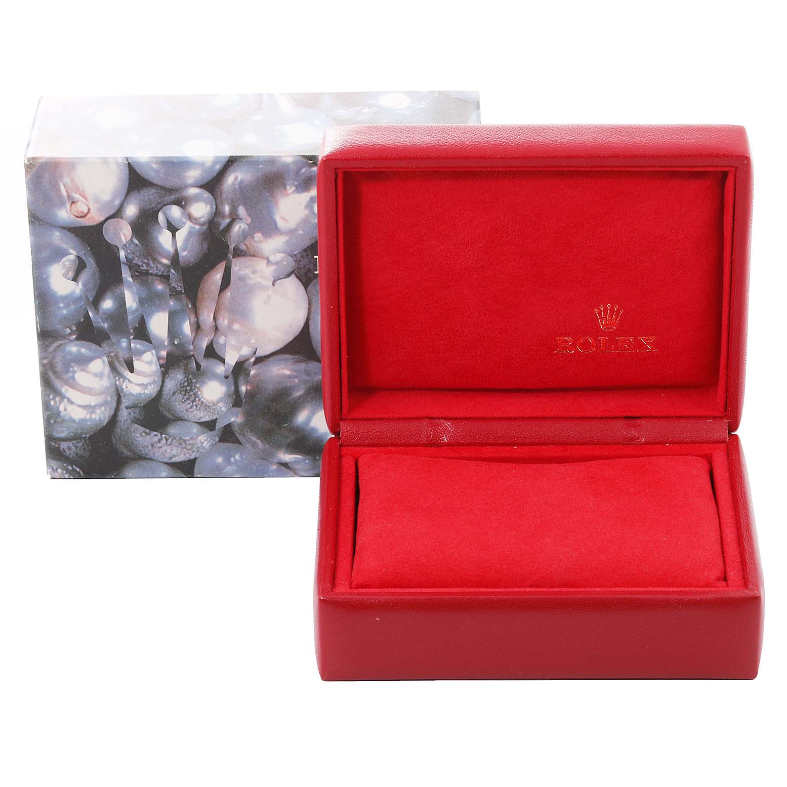 The image shows an open red box and pearl-themed outer box for the Rolex Datejust 69173 Women's Steel and Gold (two tone) White Dial 69173 Women's Steel and Gold (two tone) White Dial watch, with the Rolex name and logo inside the lid.