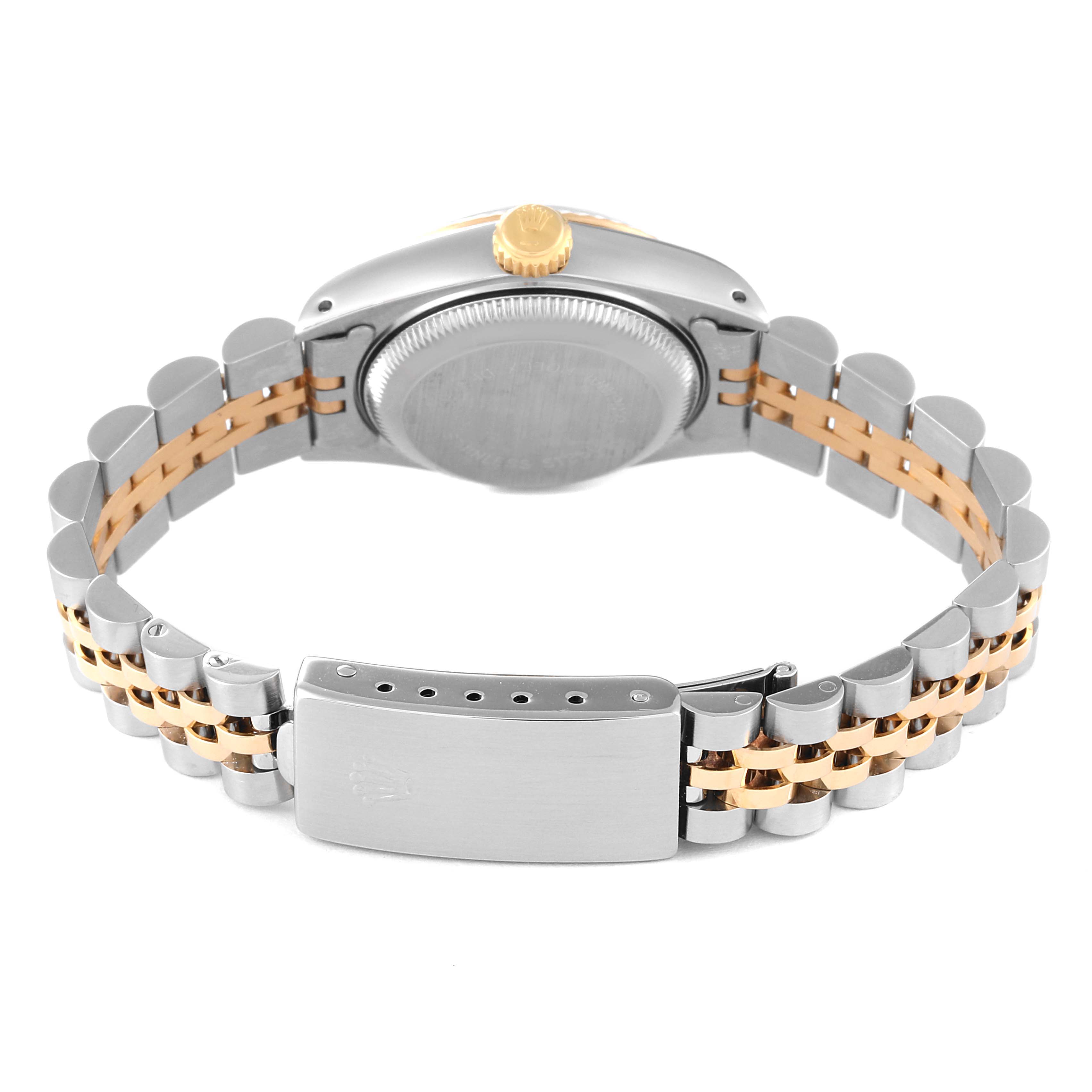 This image depicts the back of a Rolex Datejust 69173 Women's Steel and Gold (two tone) White Dial 69173 Women's Steel and Gold (two tone) White Dial watch, showcasing the clasp, bracelet, and caseback.