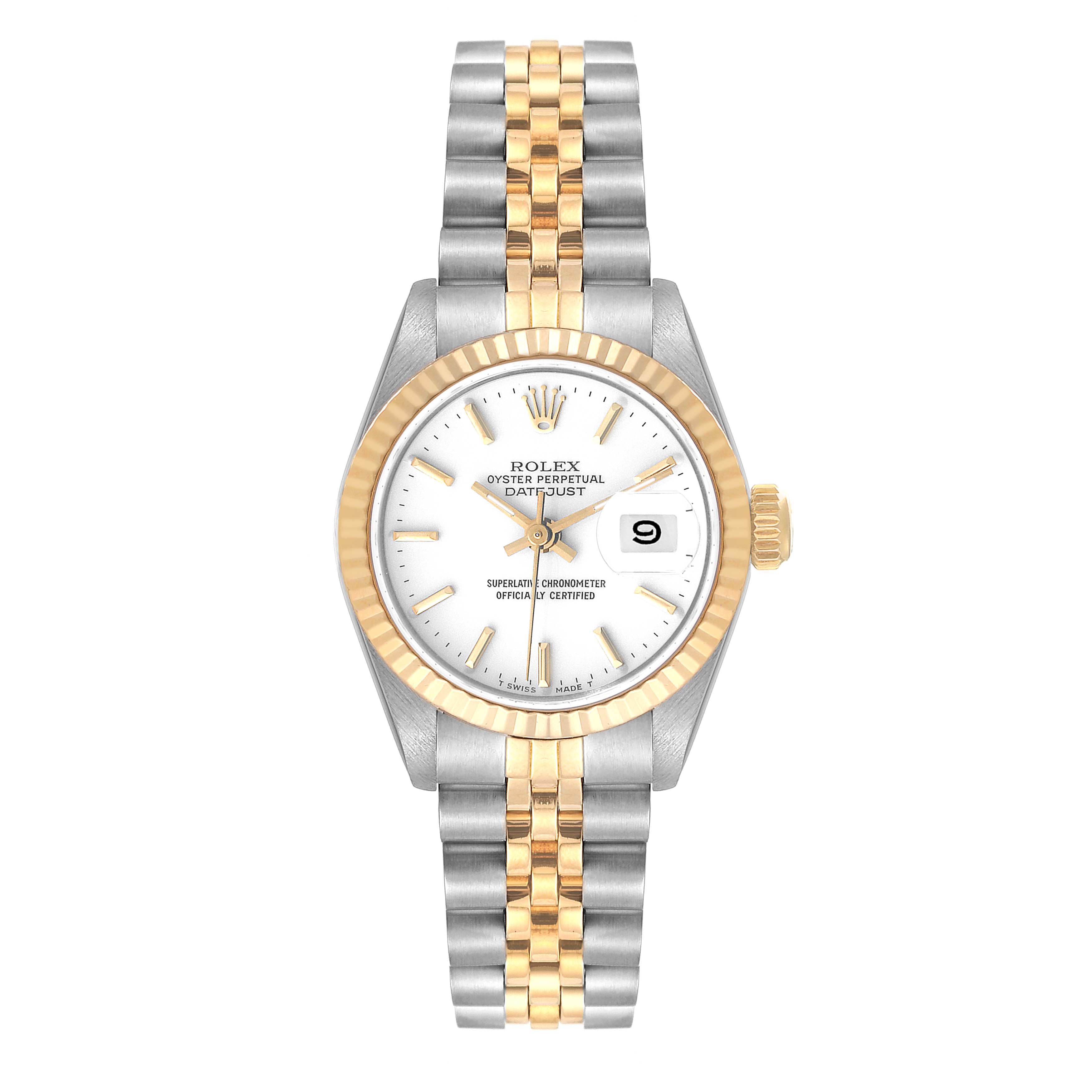 This image shows a front view of a Rolex Datejust 69173 Women's Steel and Gold (two tone) White Dial 69173 Women's Steel and Gold (two tone) White Dial model watch, including the dial, bezel, and two-tone bracelet.