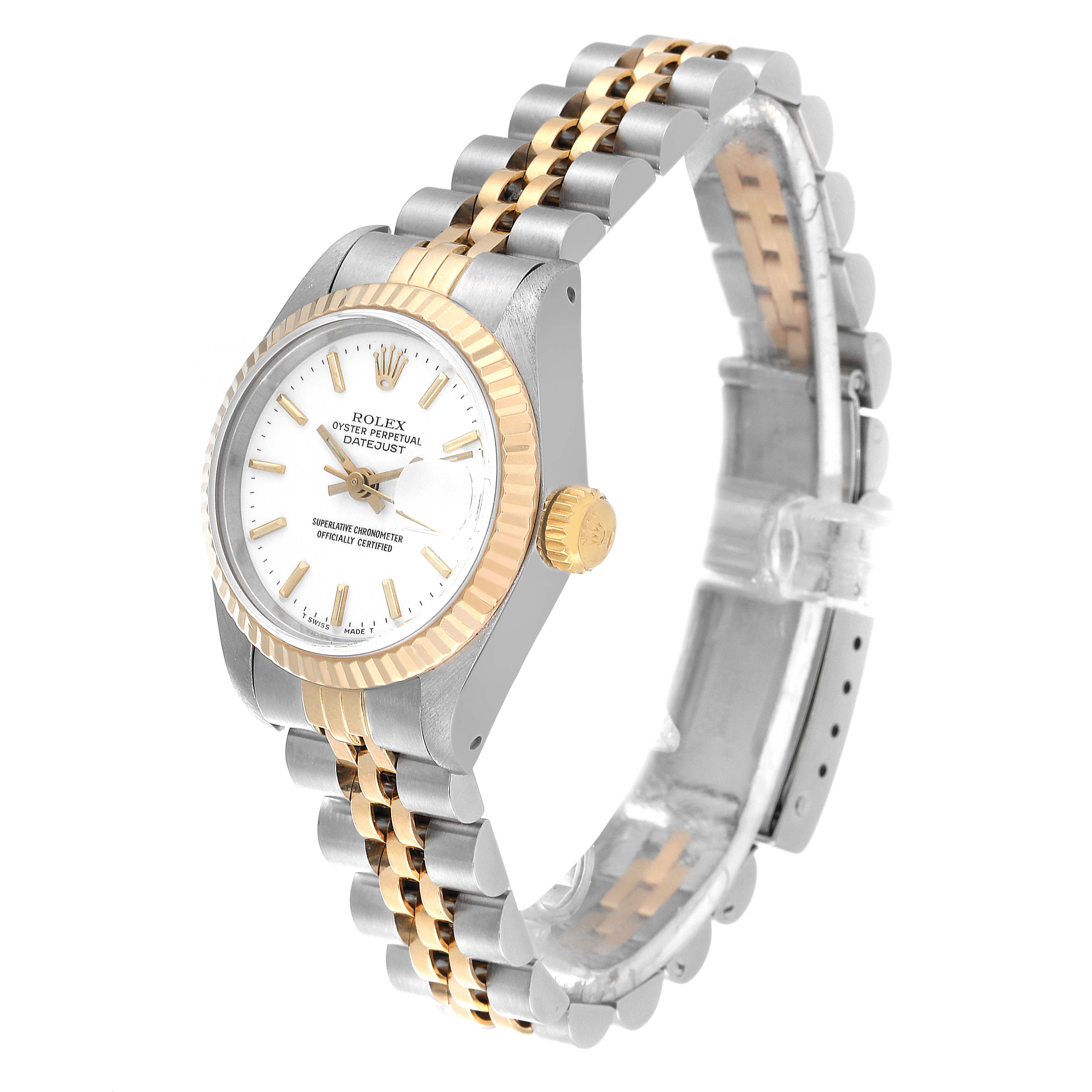 This image shows a Rolex Datejust 69173 Women's Steel and Gold (two tone) White Dial 69173 Women's Steel and Gold (two tone) White Dial watch from a front angled view, highlighting its two-tone bracelet, fluted bezel, and crown.