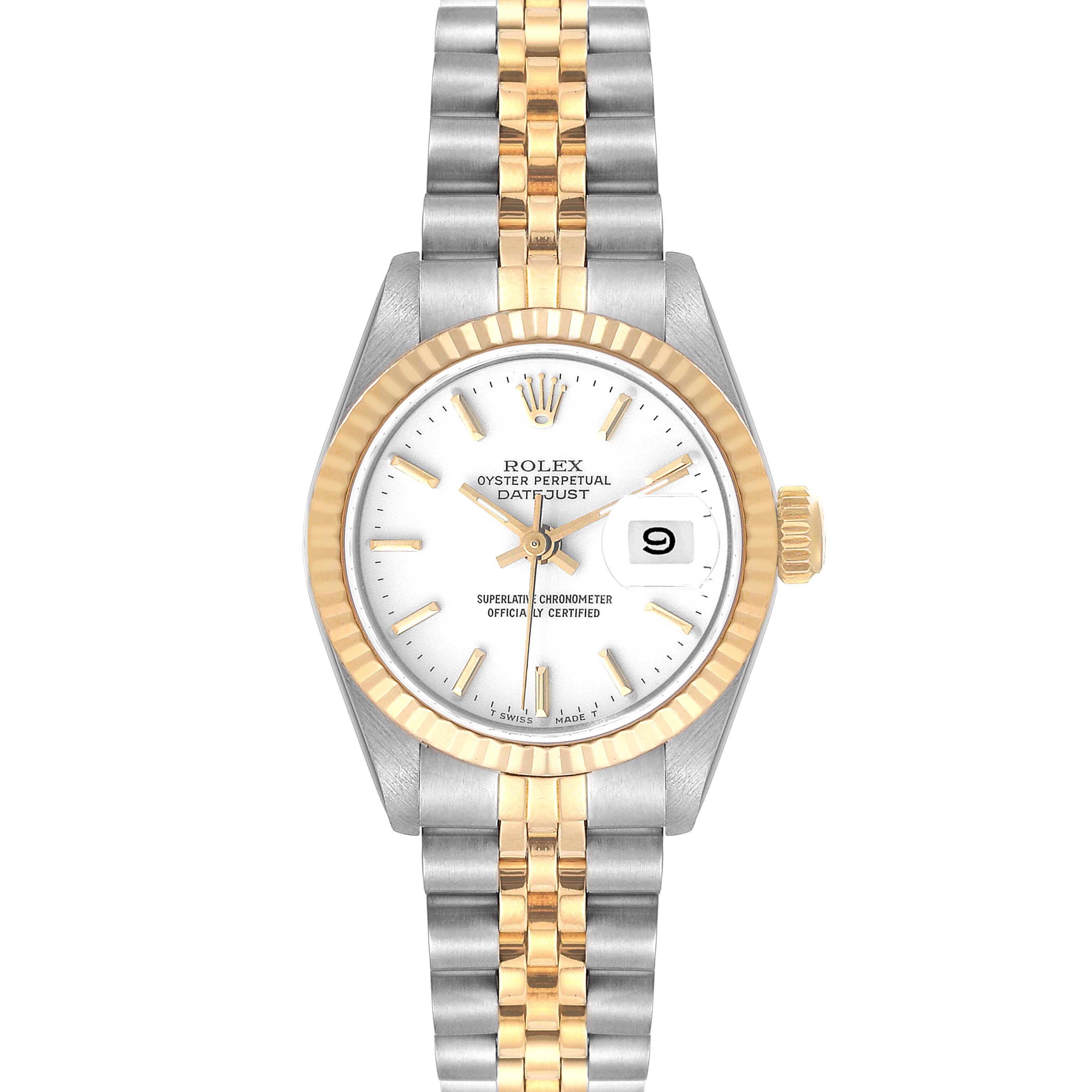 This image shows a front view of a Rolex Datejust 69173 Women's Steel and Gold (two tone) White Dial 69173 Women's Steel and Gold (two tone) White Dial watch, featuring a two-tone bracelet and a white dial with a date window.