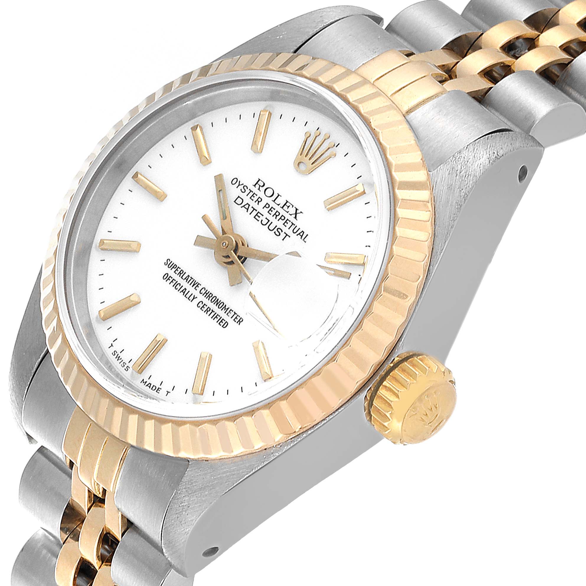 The image shows a close-up angle of the Rolex Datejust 69173 Women's Steel and Gold (two tone) White Dial 69173 Women's Steel and Gold (two tone) White Dial watch, highlighting its face, bezel, crown, and part of the bracelet.