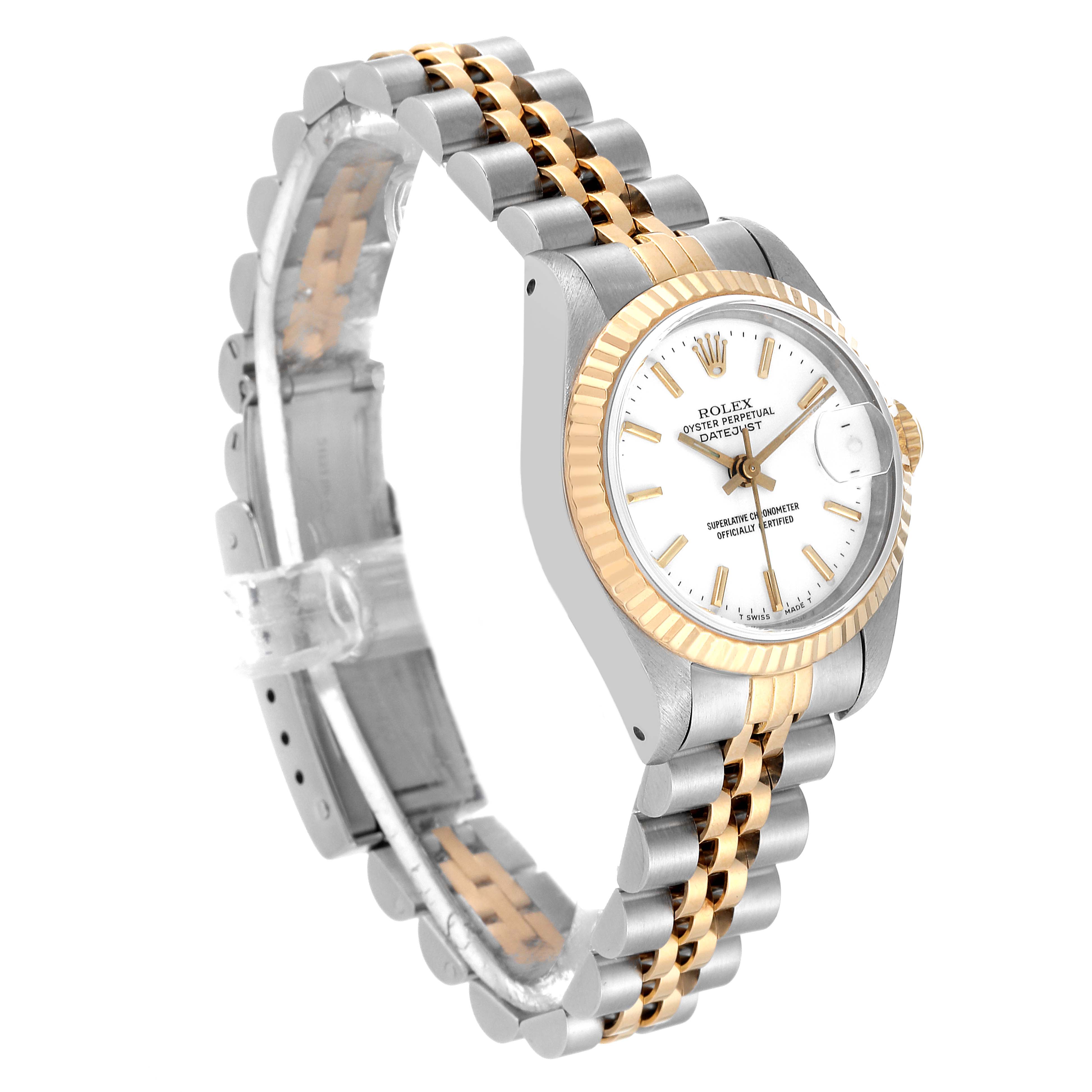 The image shows a Rolex Datejust 69173 Women's Steel and Gold (two tone) White Dial 69173 Women's Steel and Gold (two tone) White Dial watch at a three-quarter angle, highlighting its two-tone bracelet, fluted bezel, and white dial.