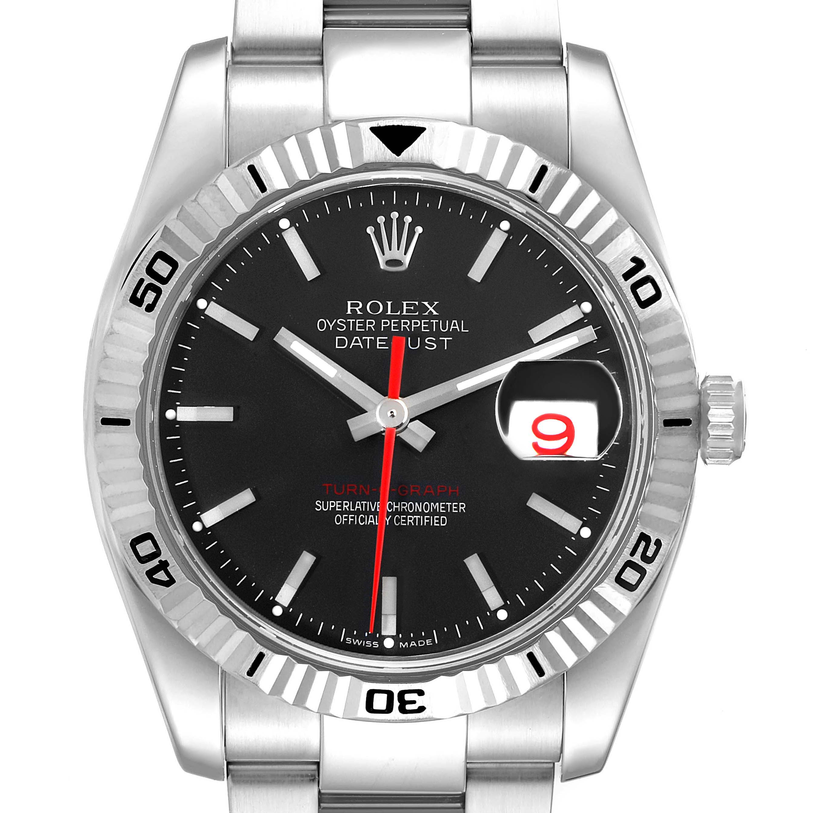 This image shows a Rolex Turn-o-Graph 116264 Men
s Stainless Steel Black Dial 116264 Men
s Stainless Steel Black Dial watch front view, including the bezel, dial, hands, date window, and part of the bracelet.
