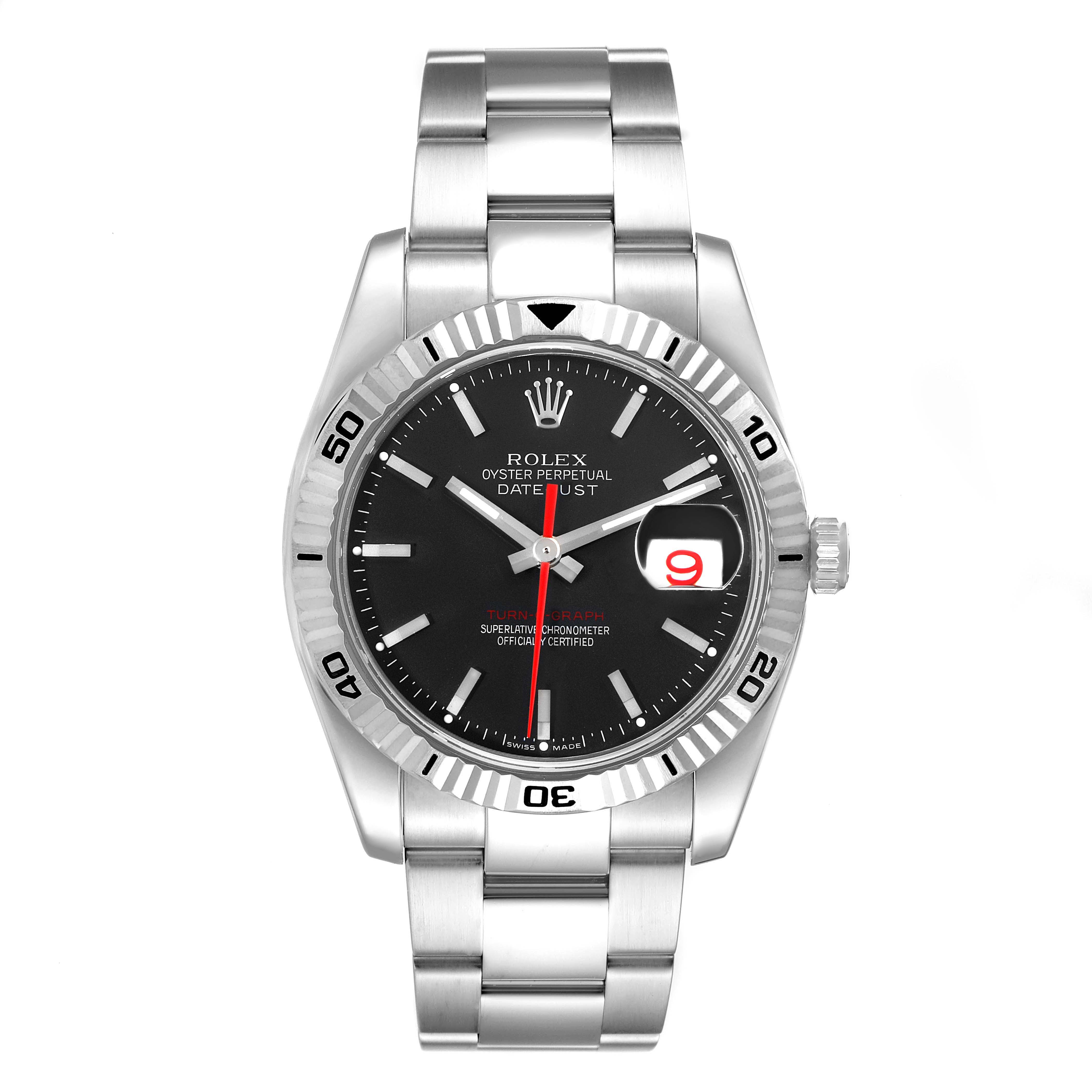 The image shows a front view of a Rolex Turn-o-Graph 116264 Men
s Stainless Steel Black Dial 116264 Men
s Stainless Steel Black Dial watch, highlighting its dial, bezel, bracelet, and date window.