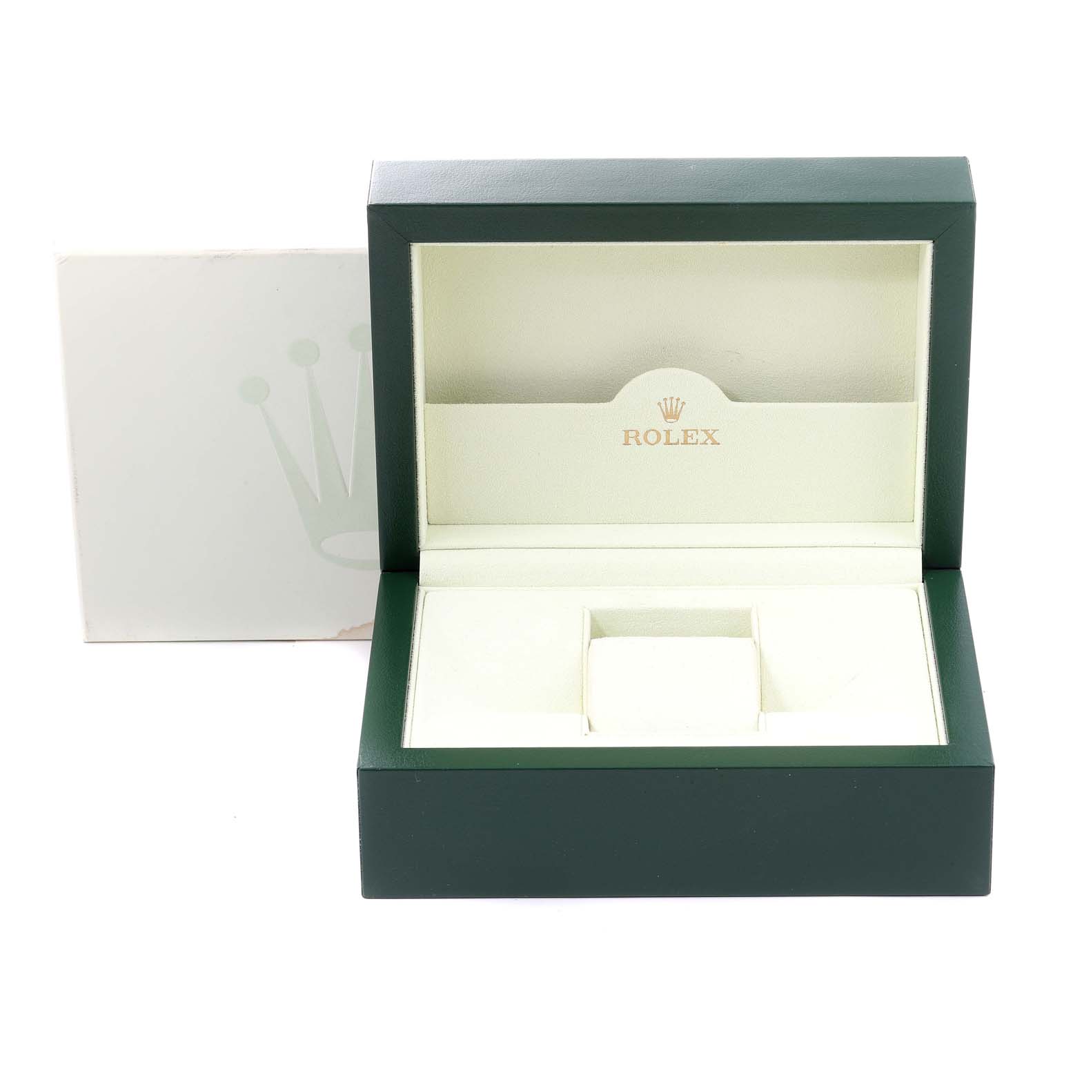 This image shows a Rolex Turn-o-Graph 116264 Men
s Stainless Steel Black Dial 116264 Men
s Stainless Steel Black Dial watch box and inlay viewed from the front, with the interior and logo visible.