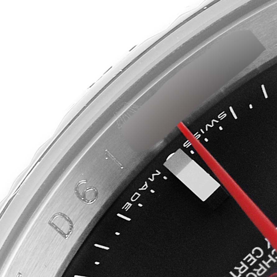 The image shows a close-up of the bezel, dial, and second-hand tip of the Rolex Turn-o-Graph 116264 Men
s Stainless Steel Black Dial 116264 Men
s Stainless Steel Black Dial watch from an angled perspective.