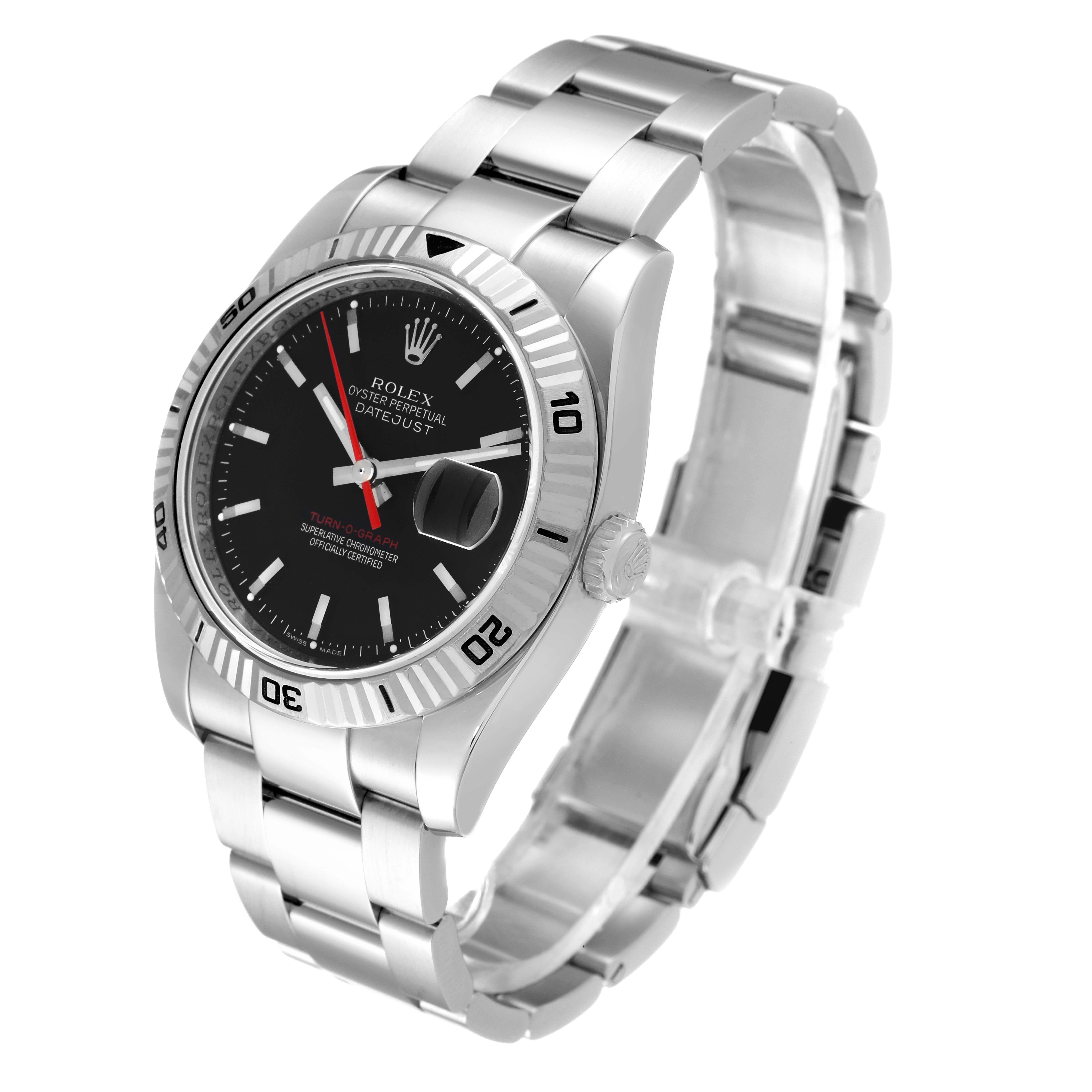 The Rolex Turn-o-Graph 116264 Men
s Stainless Steel Black Dial 116264 Men
s Stainless Steel Black Dial watch is shown at a three-quarter angle, highlighting the dial, bezel, and bracelet.