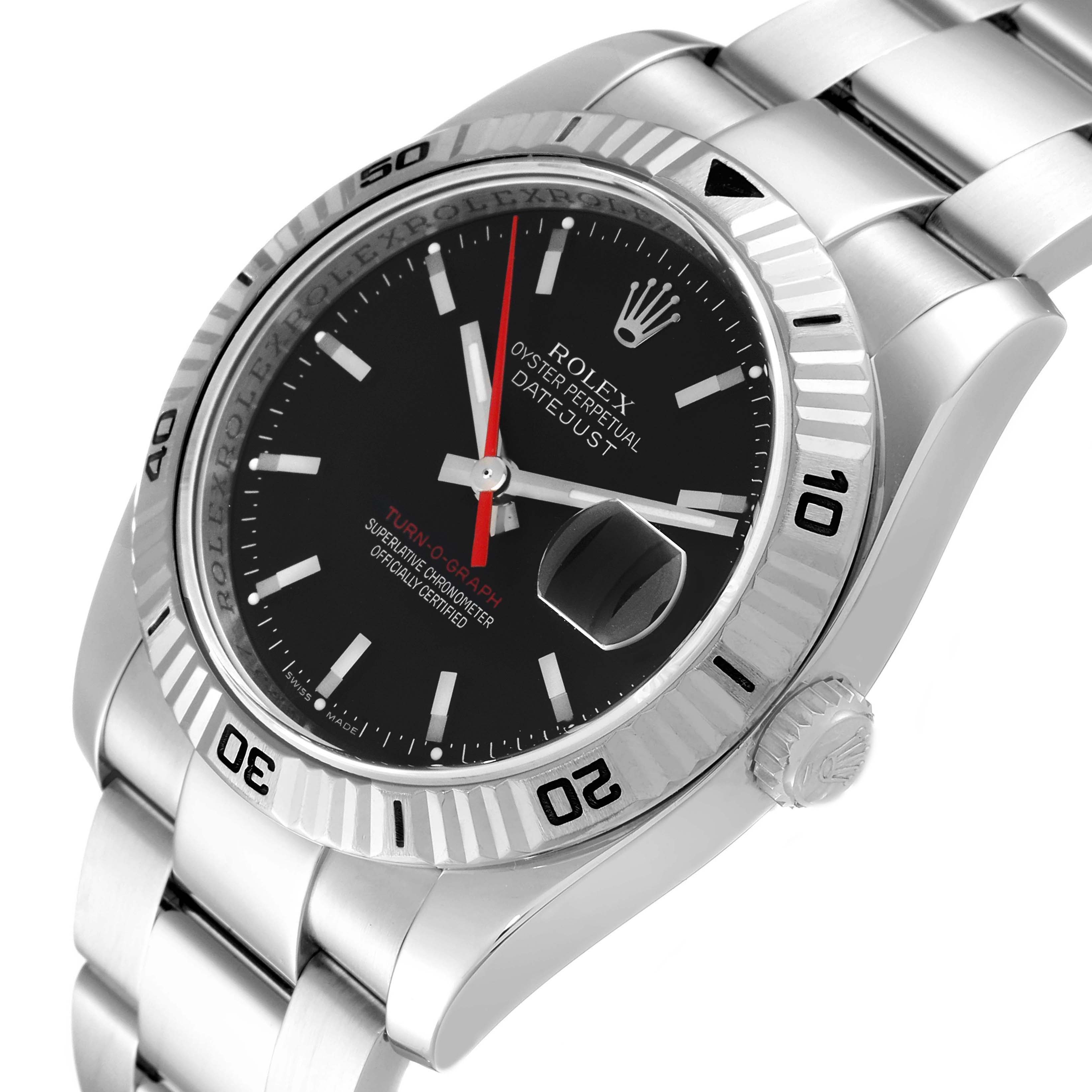 The image shows a tilted angle of the Rolex Turn-o-Graph 116264 Men
s Stainless Steel Black Dial 116264 Men
s Stainless Steel Black Dial watch, highlighting the black dial, fluted bezel, and stainless steel bracelet.