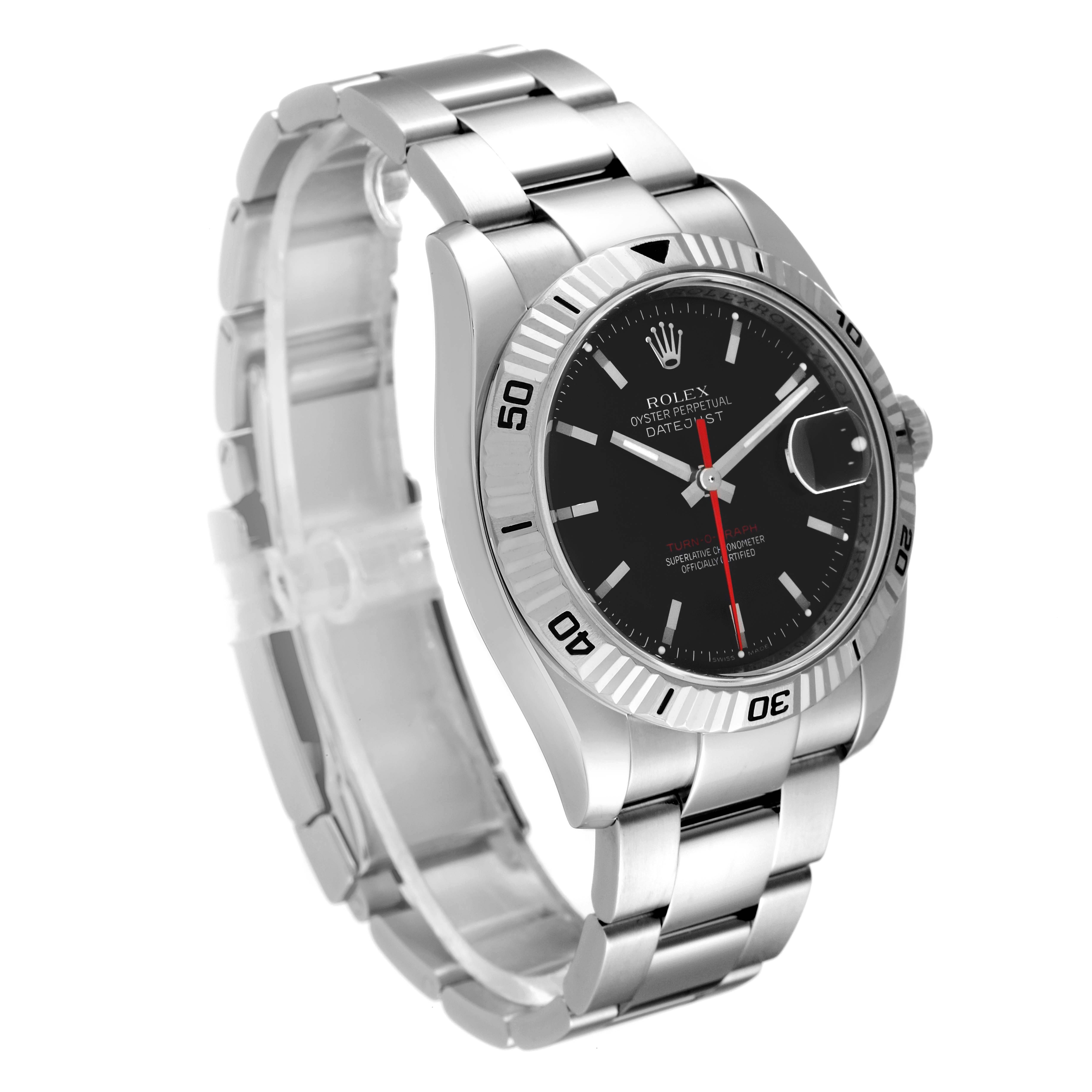 This image shows a side and front angle of the Rolex Turn-o-Graph 116264 Men
s Stainless Steel Black Dial 116264 Men
s Stainless Steel Black Dial watch, highlighting the dial, bezel, and stainless steel bracelet.