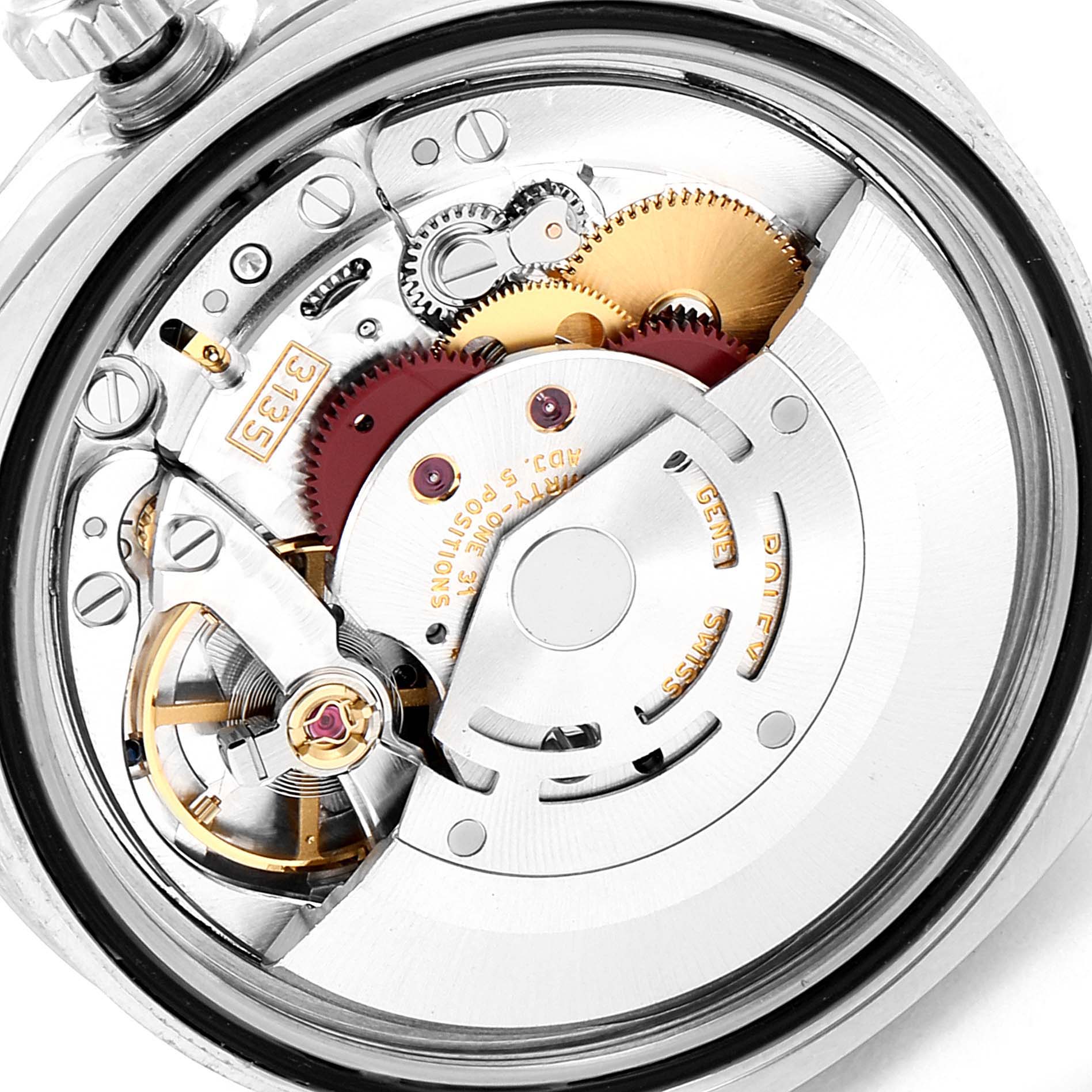 The image shows the internal mechanical movement parts of a Rolex Turn-o-Graph 116264 Men
s Stainless Steel Blue Dial 116264 Men
s Stainless Steel Blue Dial watch viewed from the back.