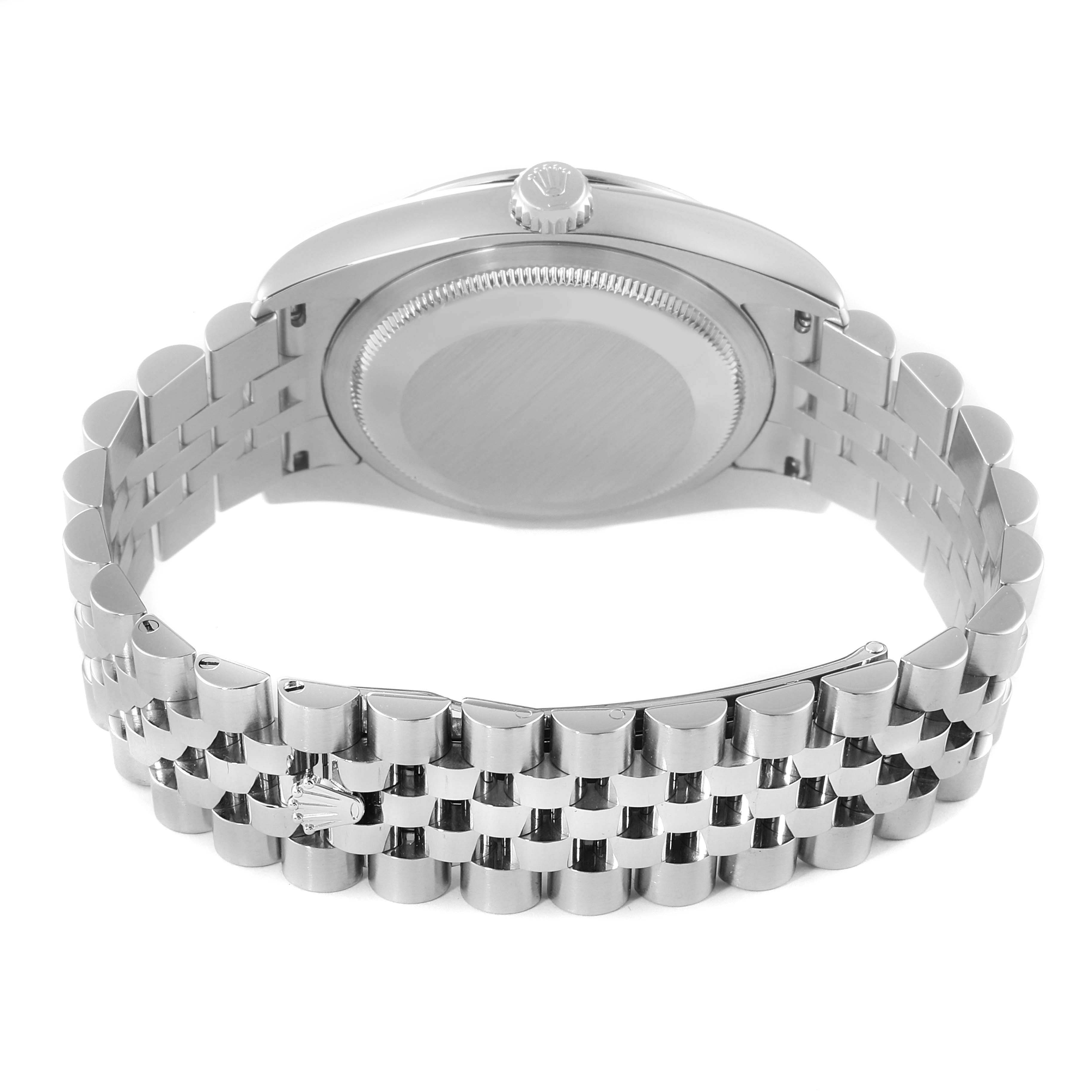 The image shows the backside of the Rolex Turn-o-Graph 116264 Men
s Stainless Steel Blue Dial 116264 Men
s Stainless Steel Blue Dial watch, highlighting its case back and metal bracelet.