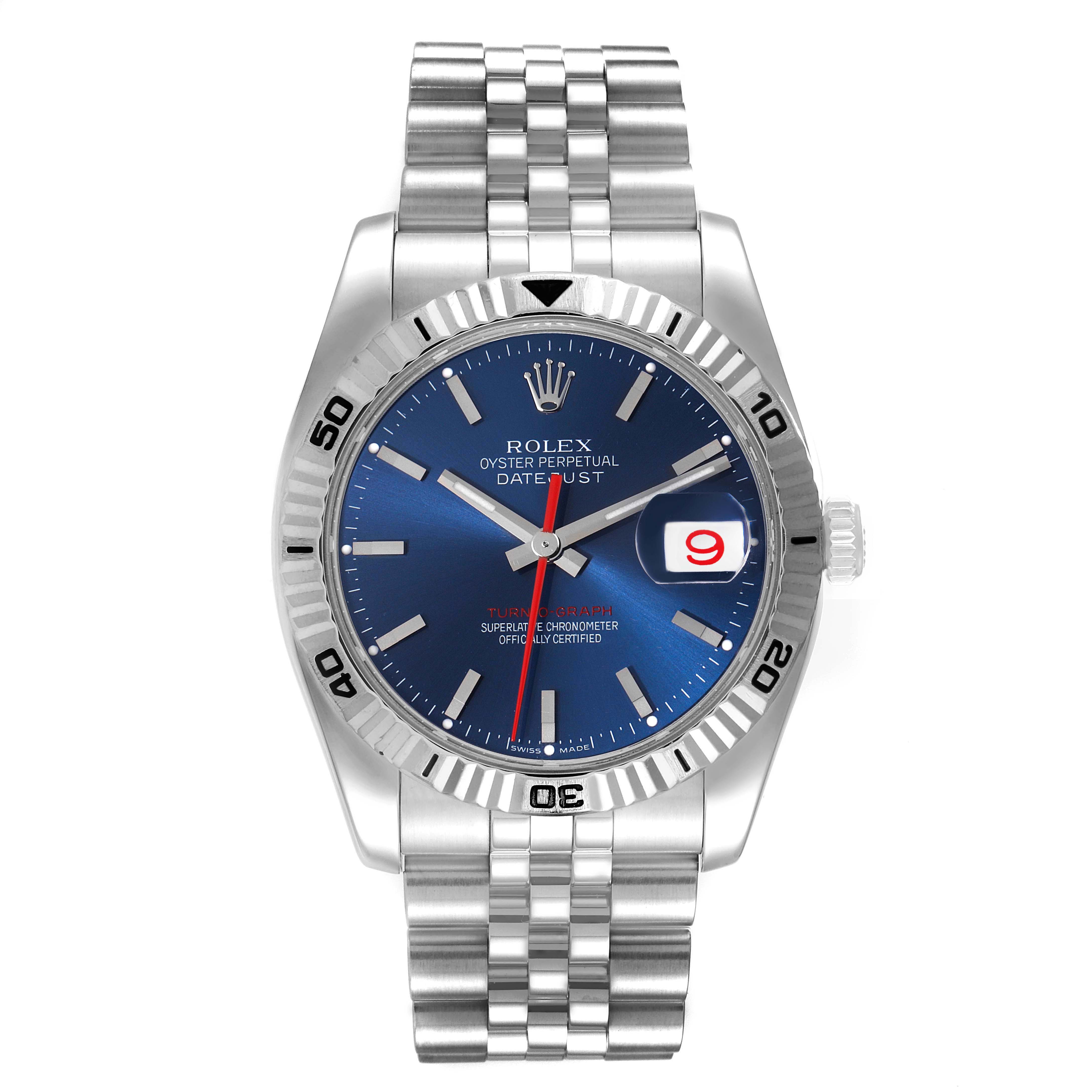 This image shows a front view of a Rolex Turn-o-Graph 116264 Men
s Stainless Steel Blue Dial 116264 Men
s Stainless Steel Blue Dial watch, highlighting its face, bezel, and bracelet.
