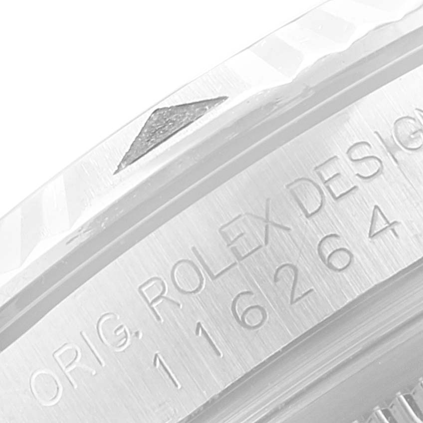 The image shows a detailed, close-up view of the bezel and side engraving of a Rolex Turn-o-Graph 116264 Men
s Stainless Steel Blue Dial 116264 Men
s Stainless Steel Blue Dial model watch.