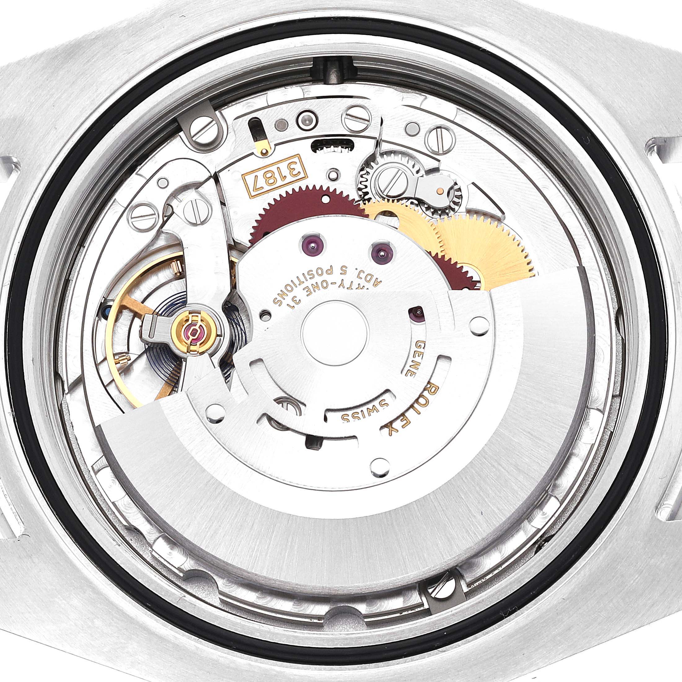 The image shows the internal mechanical movement of the Rolex Explorer 216570 Men
s Stainless Steel White Dial 216570 Men
s Stainless Steel White Dial watch viewed from the back.