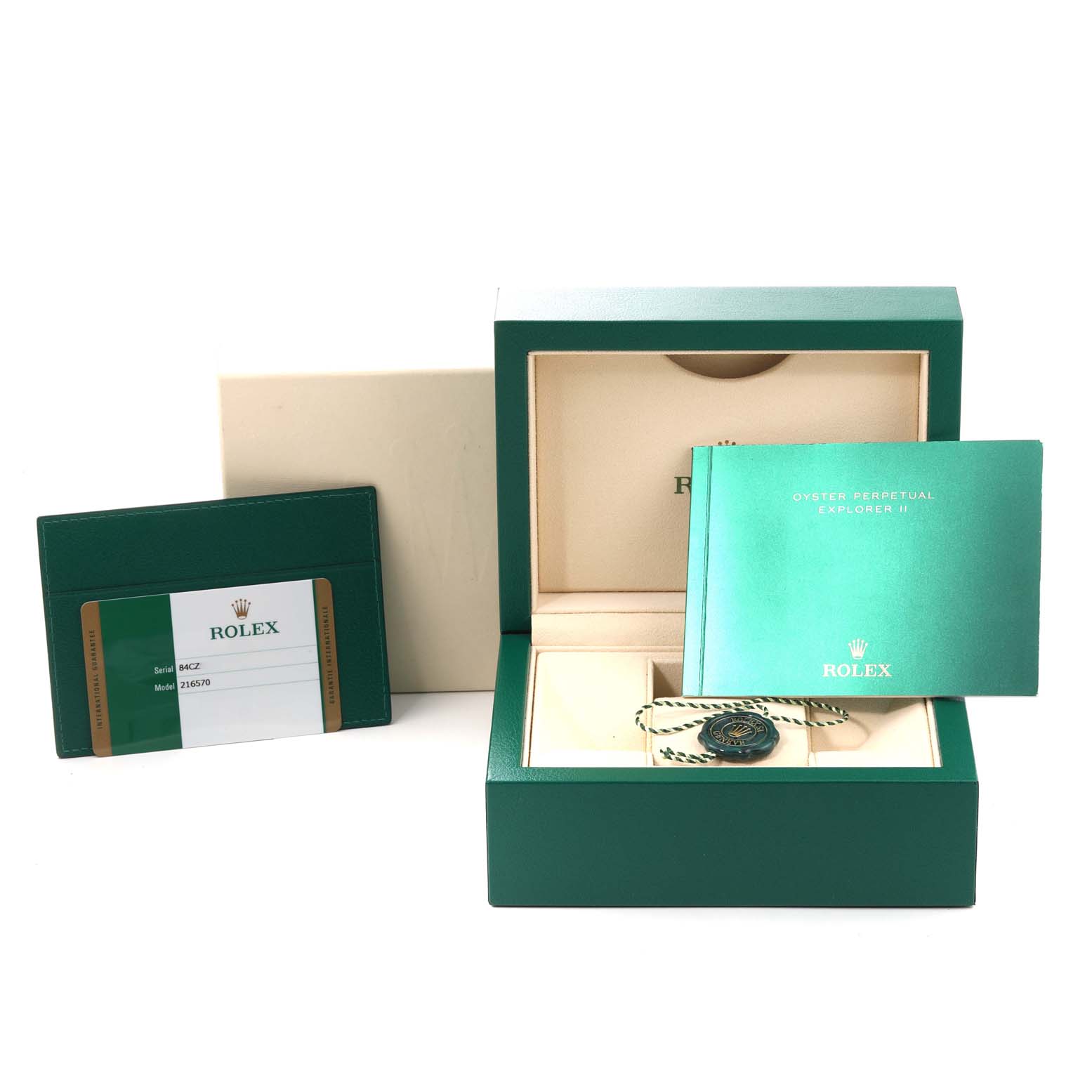 The image shows the Rolex Explorer 216570 Men
s Stainless Steel White Dial 216570 Men
s Stainless Steel White Dial model watch box with an Best Quality
ity card, manual, and hang tag.