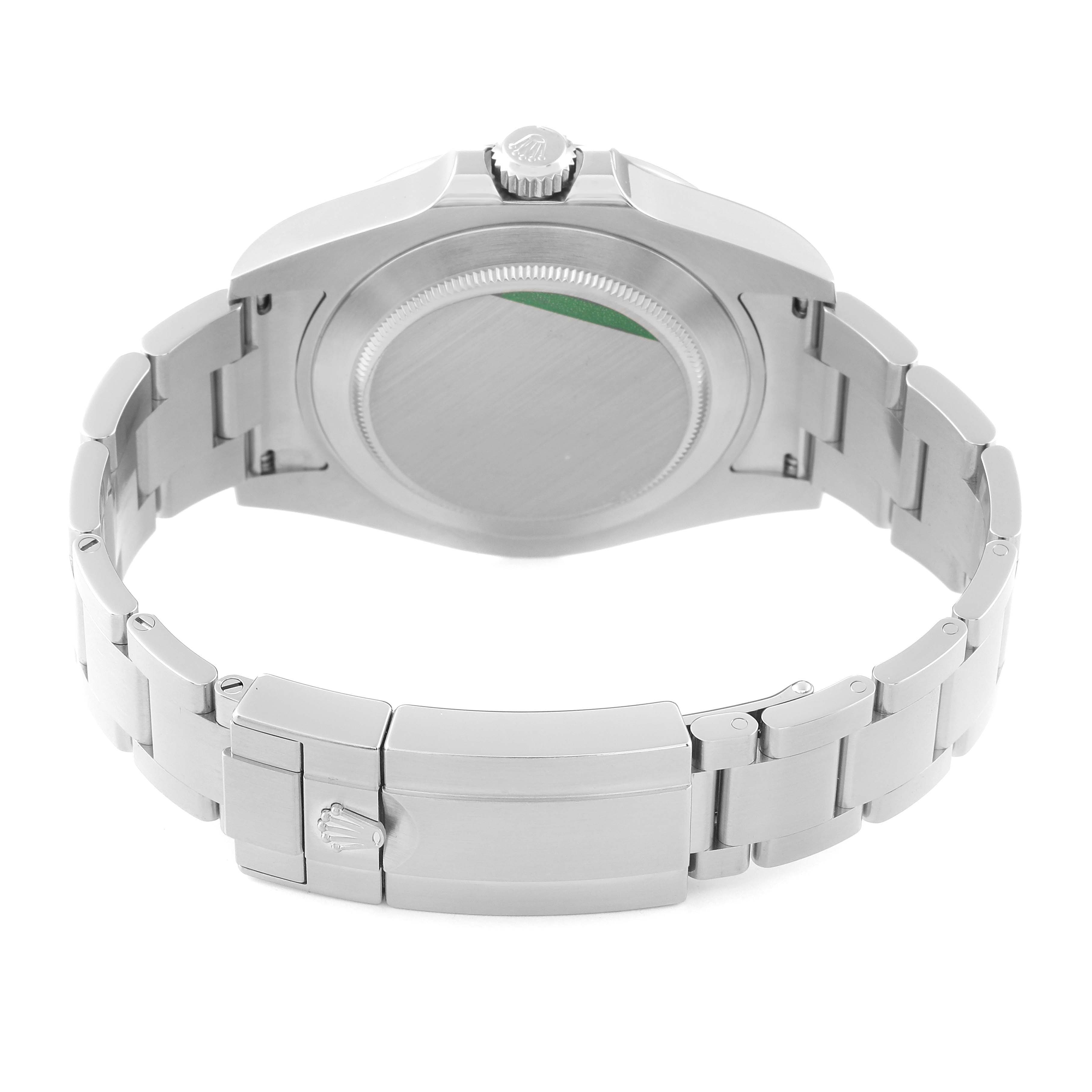 The Rolex Explorer 216570 Men
s Stainless Steel White Dial 216570 Men
s Stainless Steel White Dial watch is shown from the rear angle, displaying its stainless steel bracelet and closed case back.