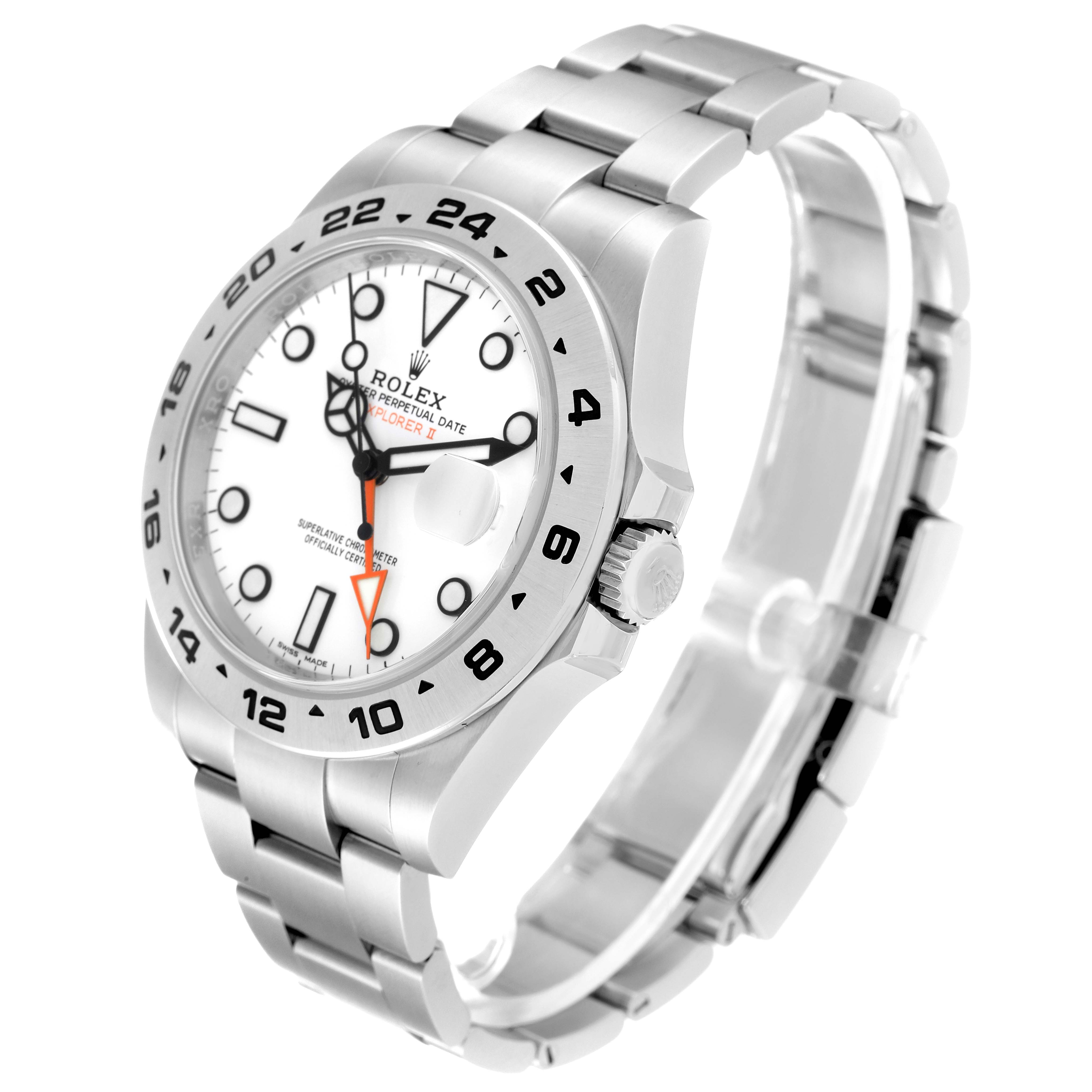 The Rolex Explorer 216570 Men
s Stainless Steel White Dial 216570 Men
s Stainless Steel White Dial model watch is shown at an angled side view, highlighting its face, bezel, crown, and bracelet.