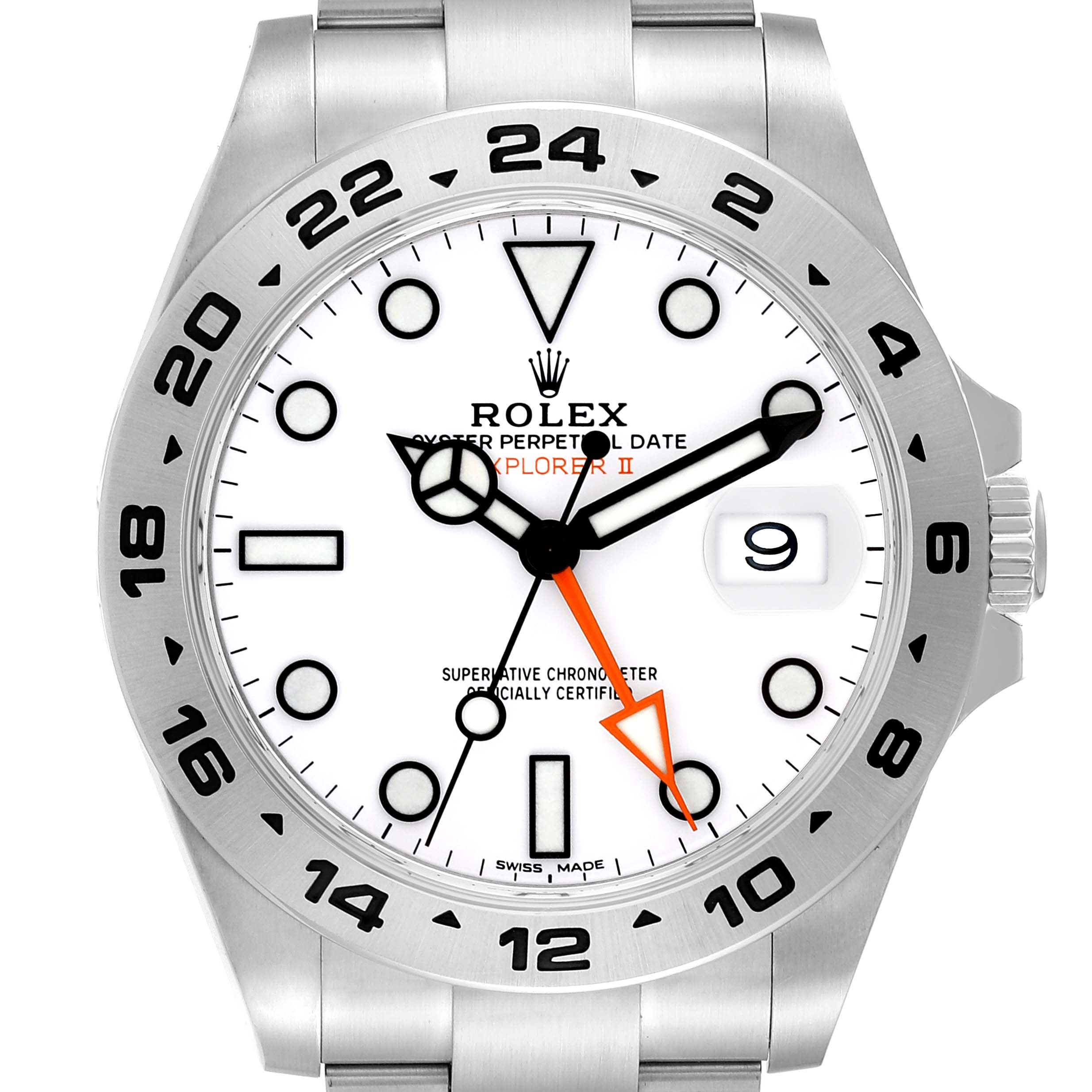 The image shows a front view of a Rolex Explorer 216570 Men
s Stainless Steel White Dial 216570 Men
s Stainless Steel White Dial watch, highlighting its face, bezel, crown, and part of the bracelet.