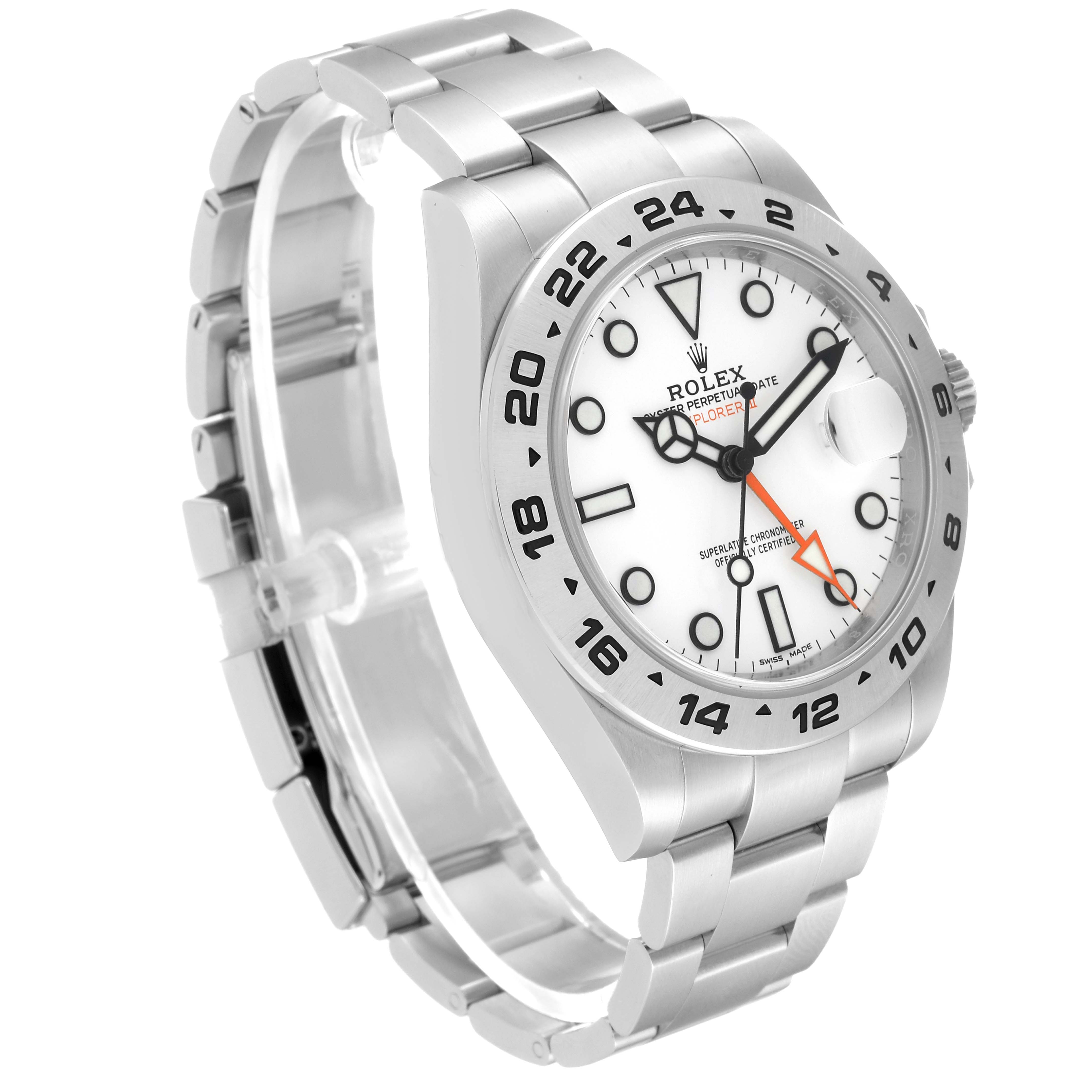 The image shows a side angle of the Rolex Explorer 216570 Men
s Stainless Steel White Dial 216570 Men
s Stainless Steel White Dial watch, showcasing its white dial, stainless steel bracelet, and bezel with a 24-hour scale.