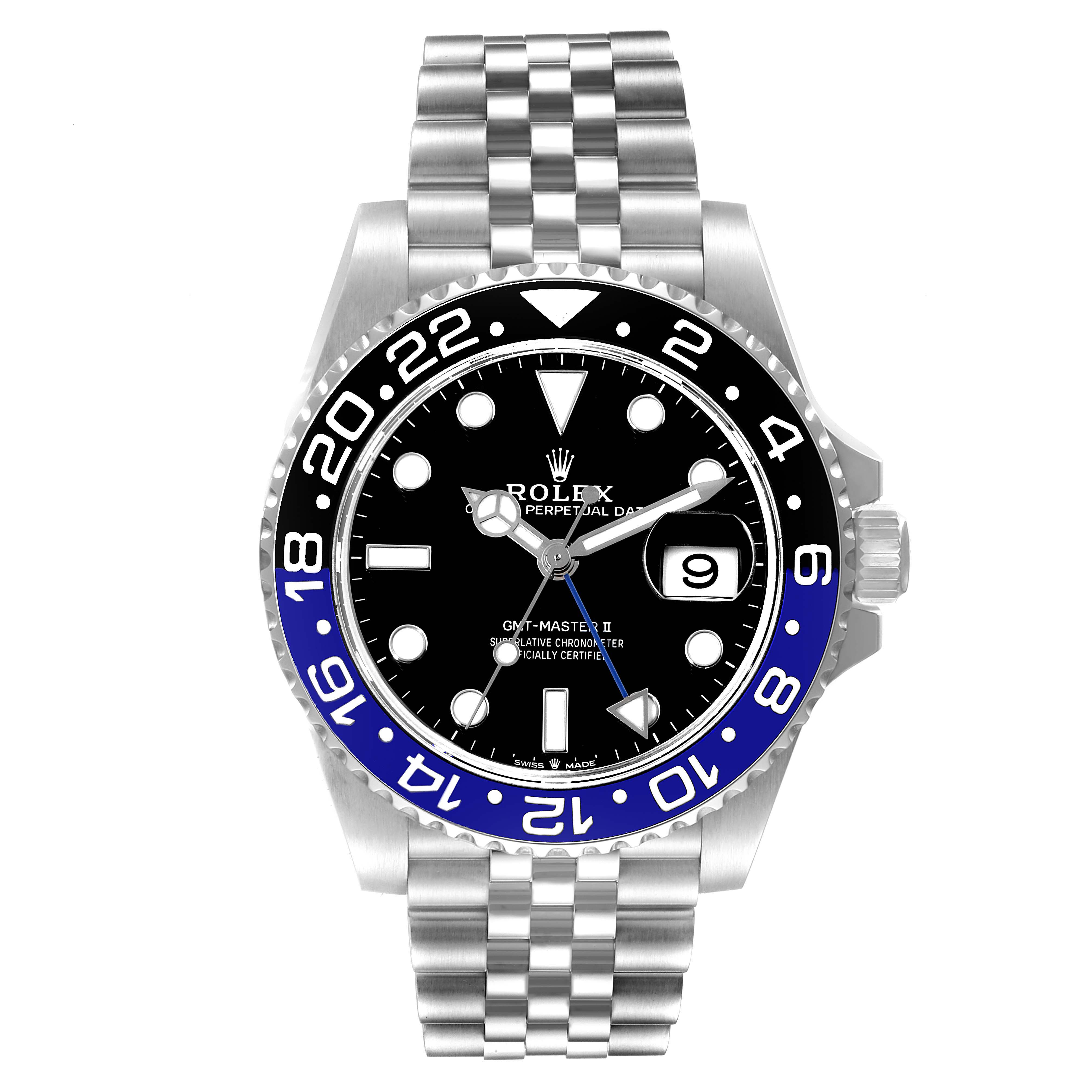 This image shows a front view of a Rolex GMT-Master 126710 Men
s Stainless Steel Black Dial 126710 Men
s Stainless Steel Black Dial II watch featuring a blue and black bezel and a Jubilee bracelet.