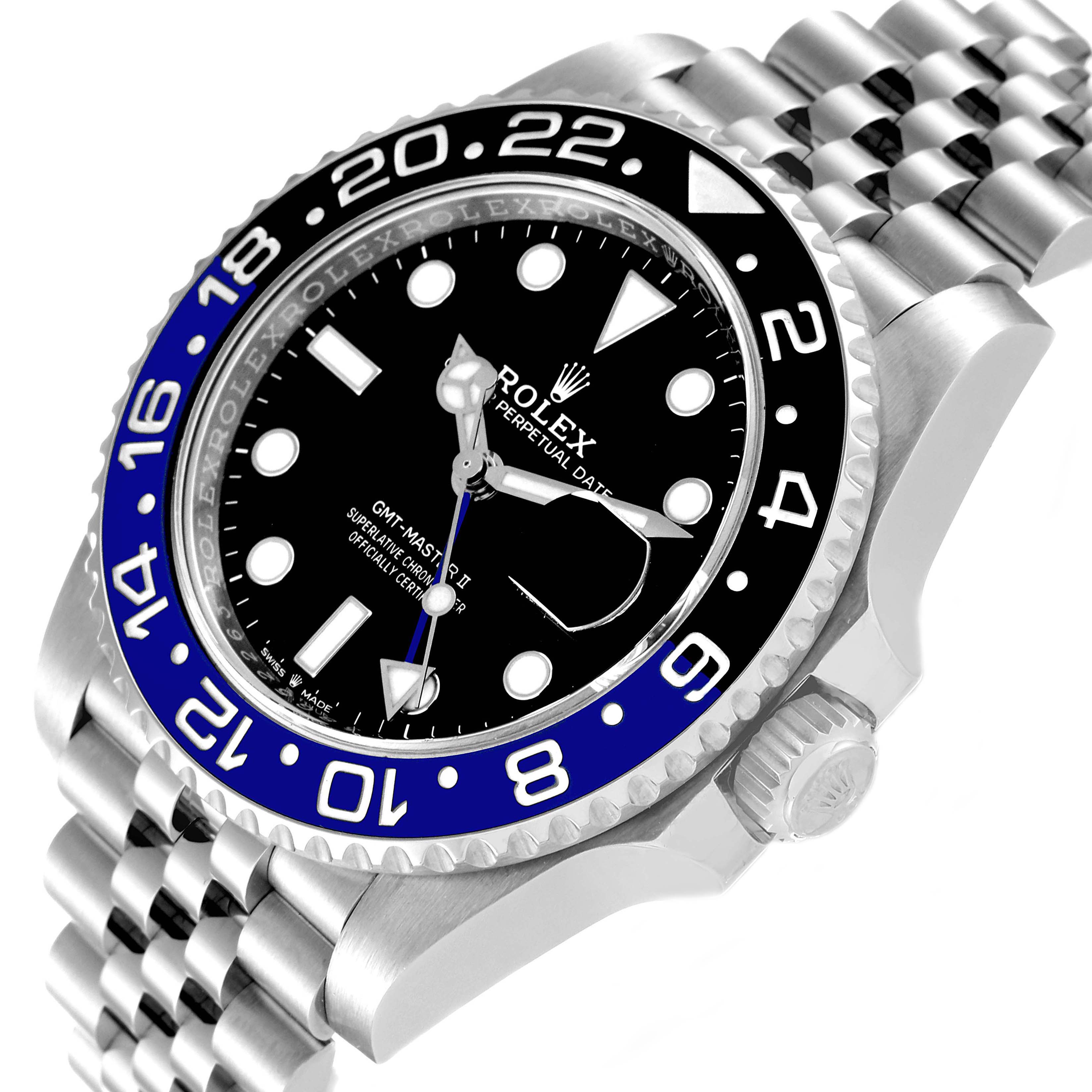 This image shows a close-up angled view of the Rolex GMT-Master 126710 Men
s Stainless Steel Black Dial 126710 Men
s Stainless Steel Black Dial II watch, highlighting the bezel, dial, and bracelet.