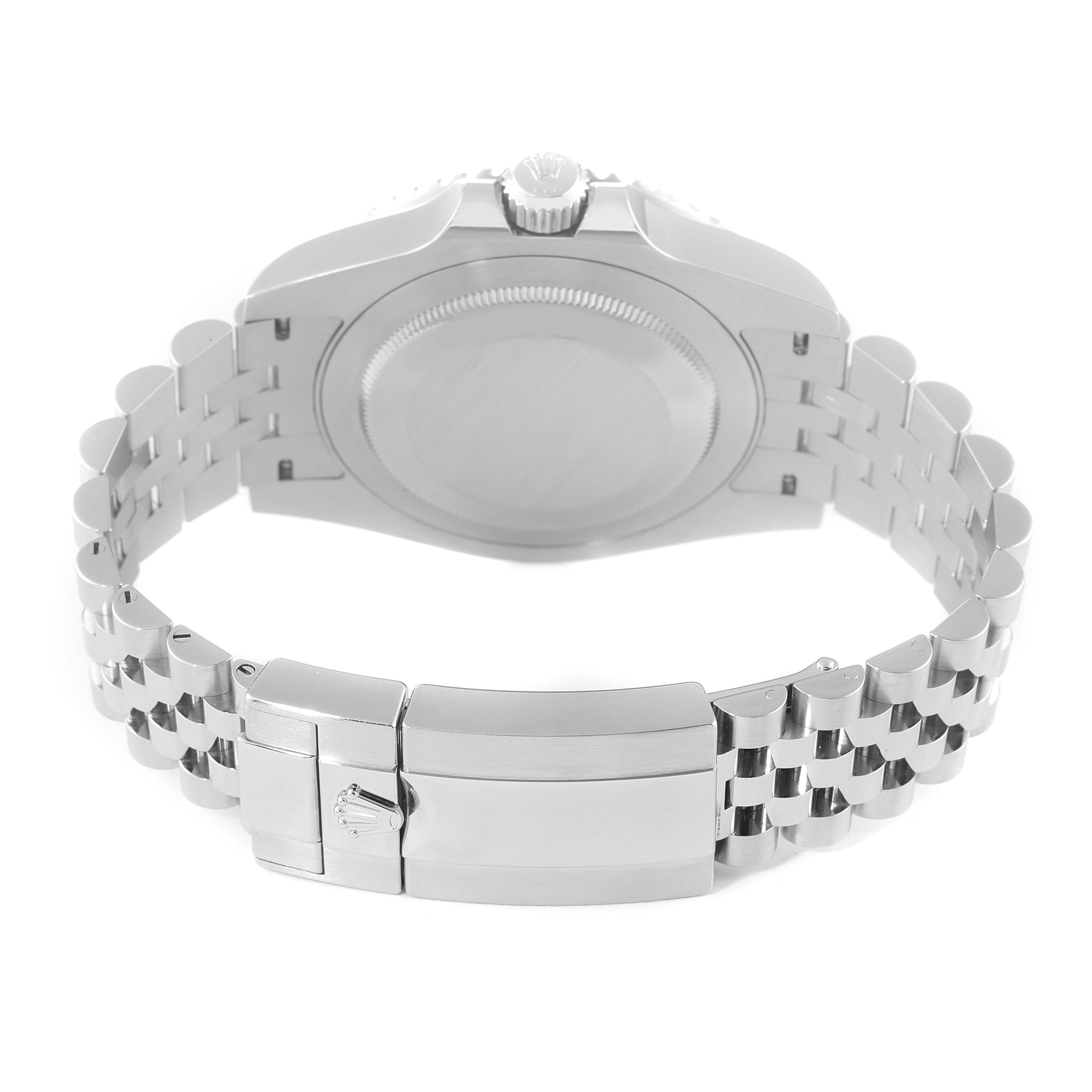 The image shows the back view of a Rolex GMT-Master 126710 Men
s Stainless Steel Black Dial 126710 Men
s Stainless Steel Black Dial watch, highlighting its case back and Jubilee bracelet with clasp.