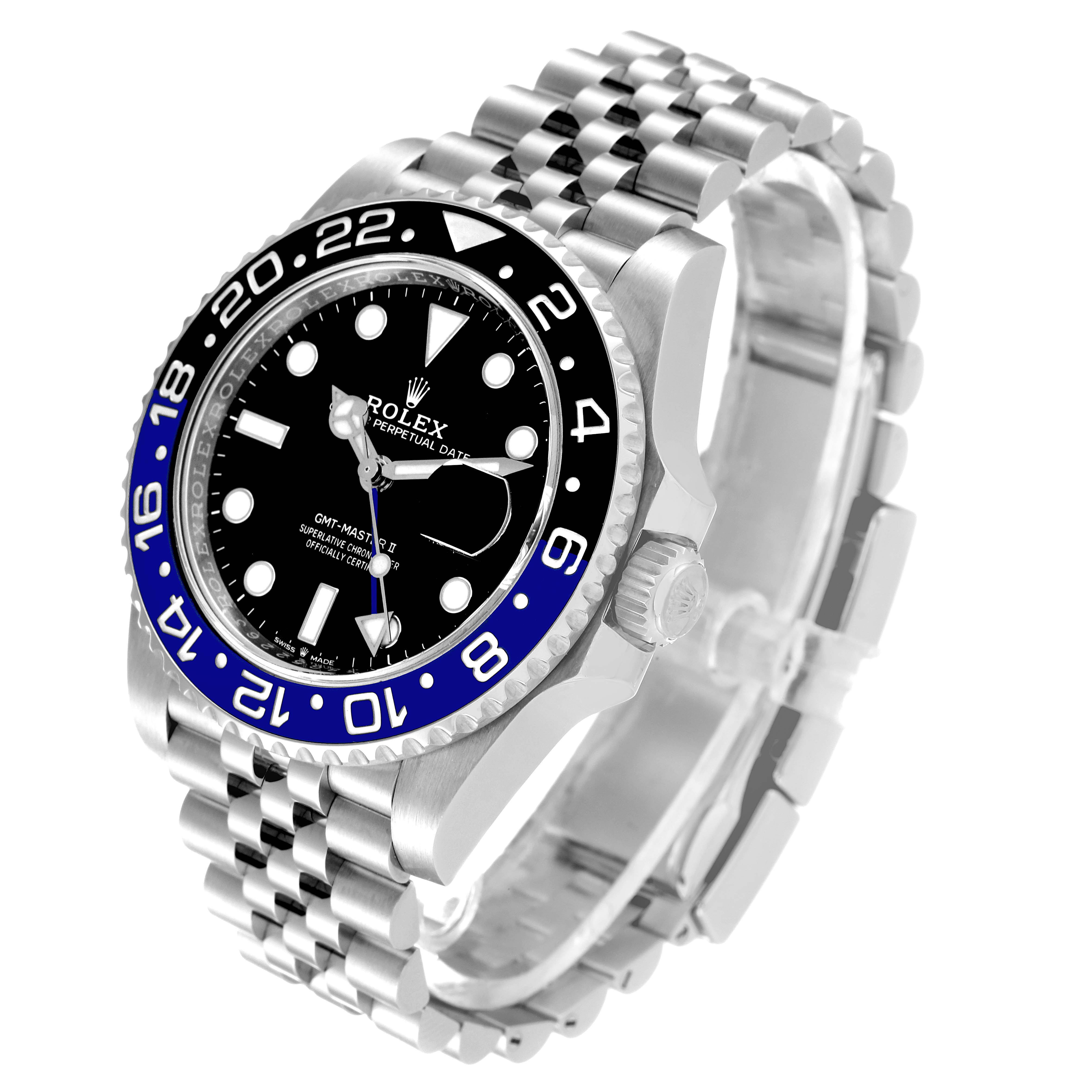 This image shows a Rolex GMT-Master 126710 Men
s Stainless Steel Black Dial 126710 Men
s Stainless Steel Black Dial watch at an angle, highlighting the face, bezel, crown, and bracelet.