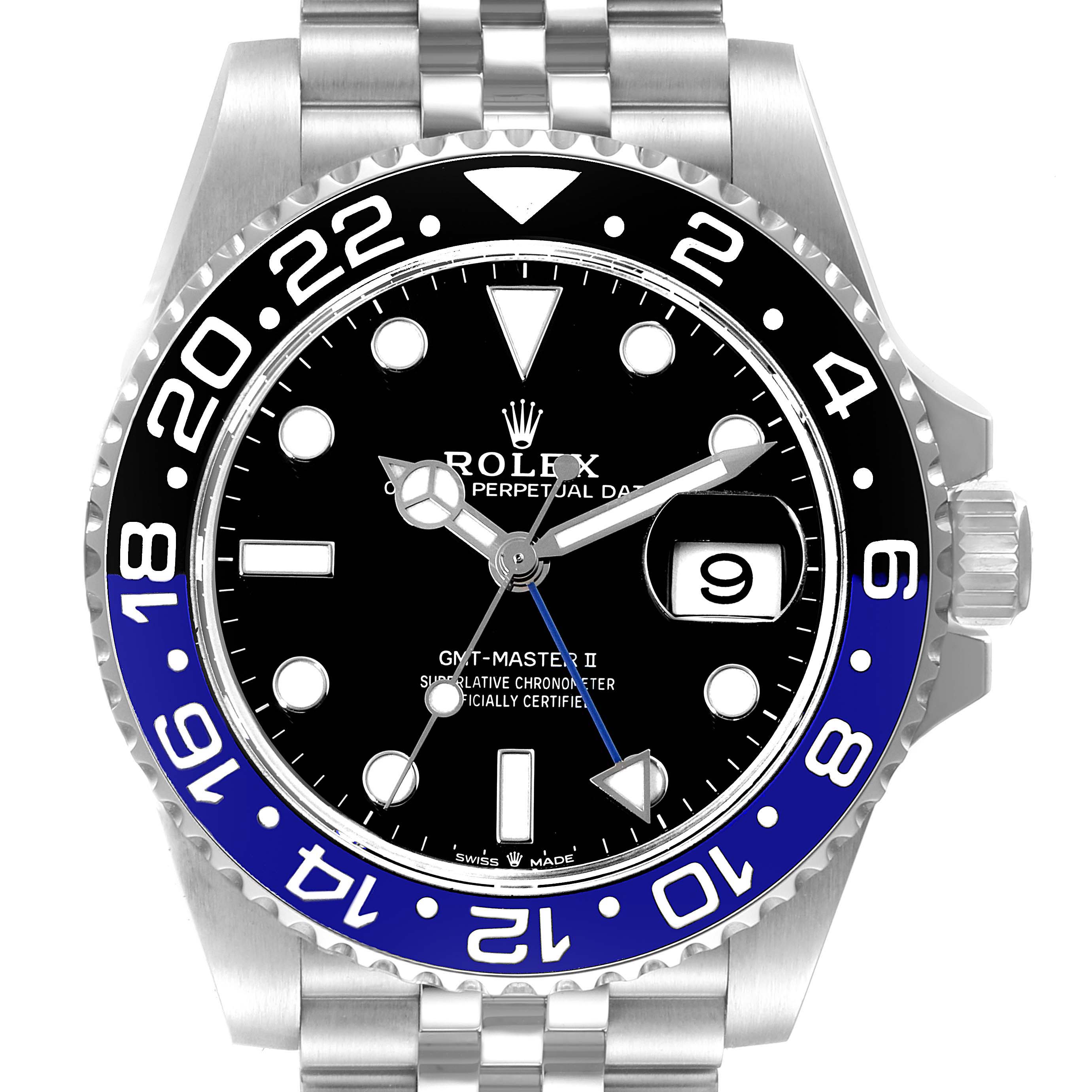 The image shows a frontal view of a Rolex GMT-Master 126710 Men
s Stainless Steel Black Dial 126710 Men
s Stainless Steel Black Dial II watch, highlighting its bezel, dial, and part of the bracelet.