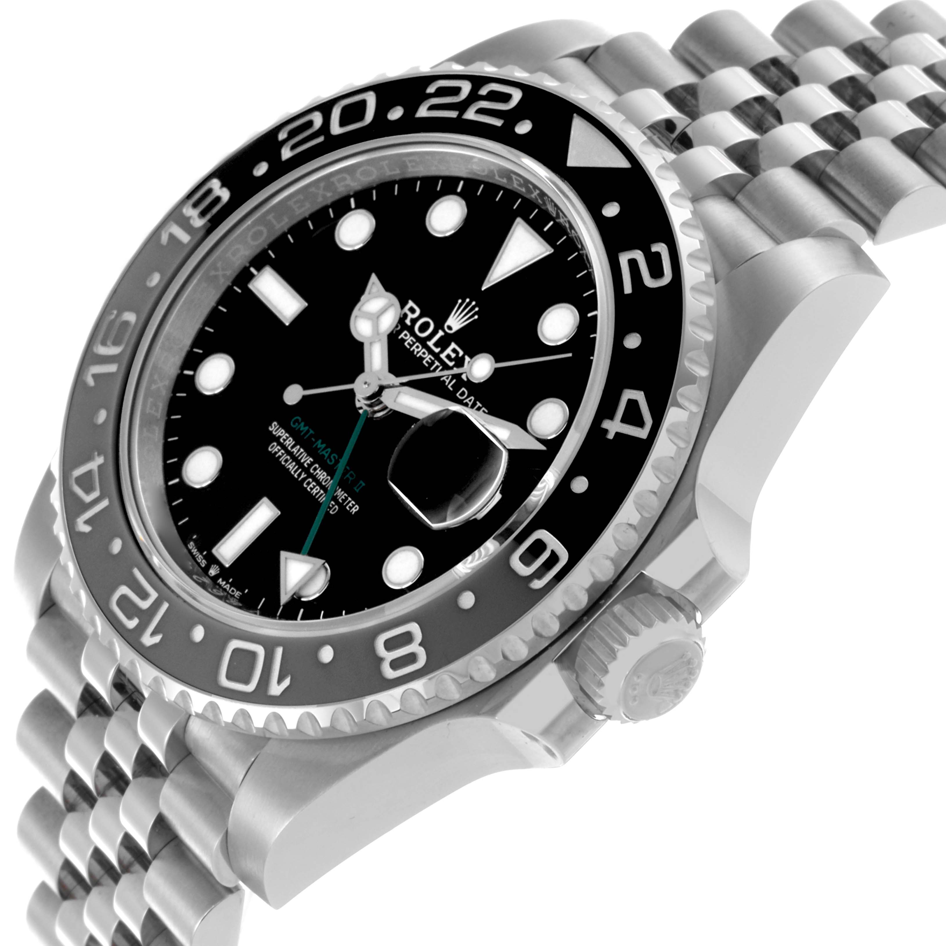 The Rolex GMT-Master 126710GRNR Men
s Stainless Steel Black Dial 126710GRNR Men
s Stainless Steel Black Dial watch is shown in a three-quarter angle, highlighting the bezel, face, crown, and Jubilee bracelet.