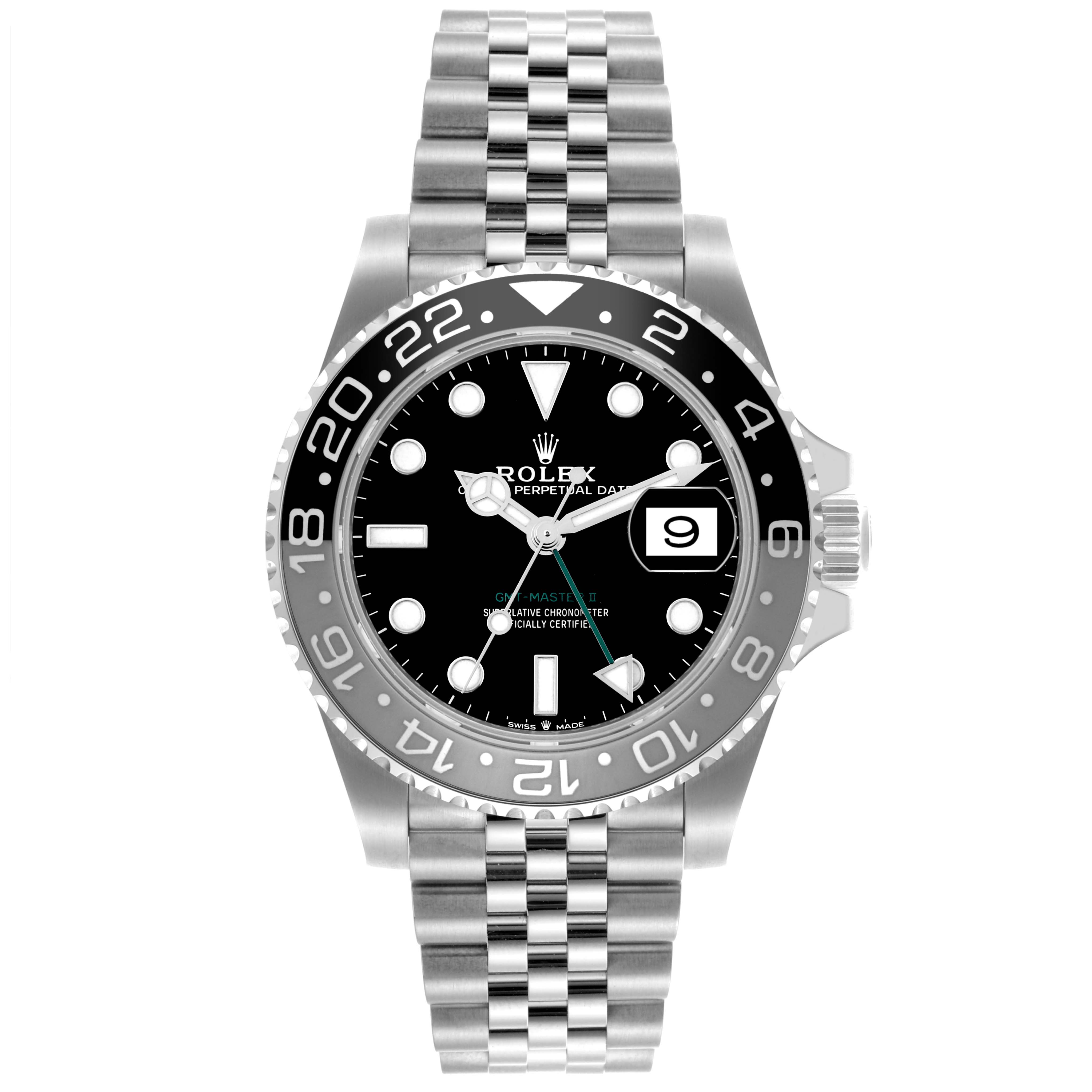 The Rolex GMT-Master 126710GRNR Men
s Stainless Steel Black Dial 126710GRNR Men
s Stainless Steel Black Dial watch is shown from a front angle, highlighting the dial, bezel, and jubilee bracelet.