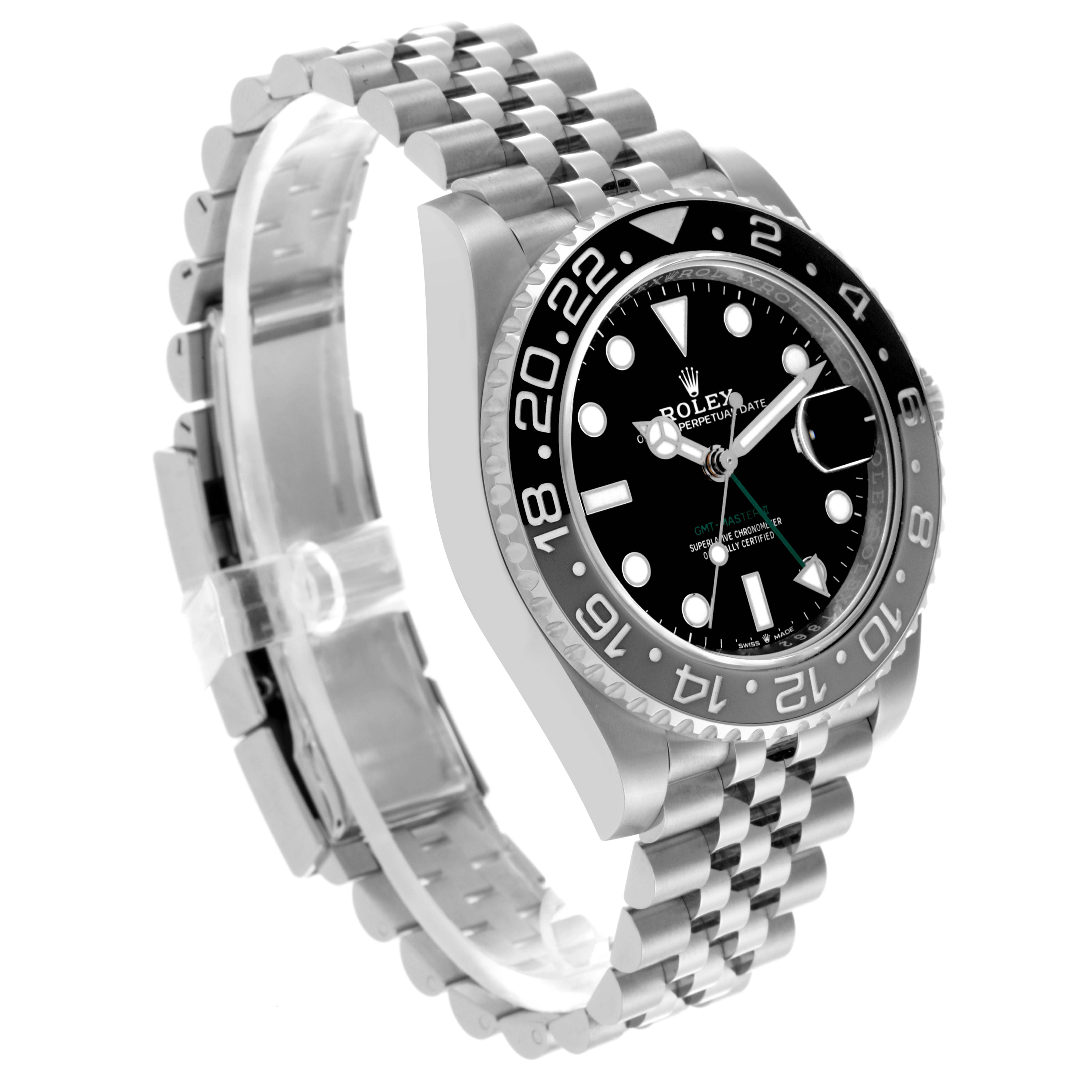 The Rolex GMT-Master 126710GRNR Men
s Stainless Steel Black Dial 126710GRNR Men
s Stainless Steel Black Dial watch is shown at a slight angle, displaying the bezel, dial, and jubilee bracelet.