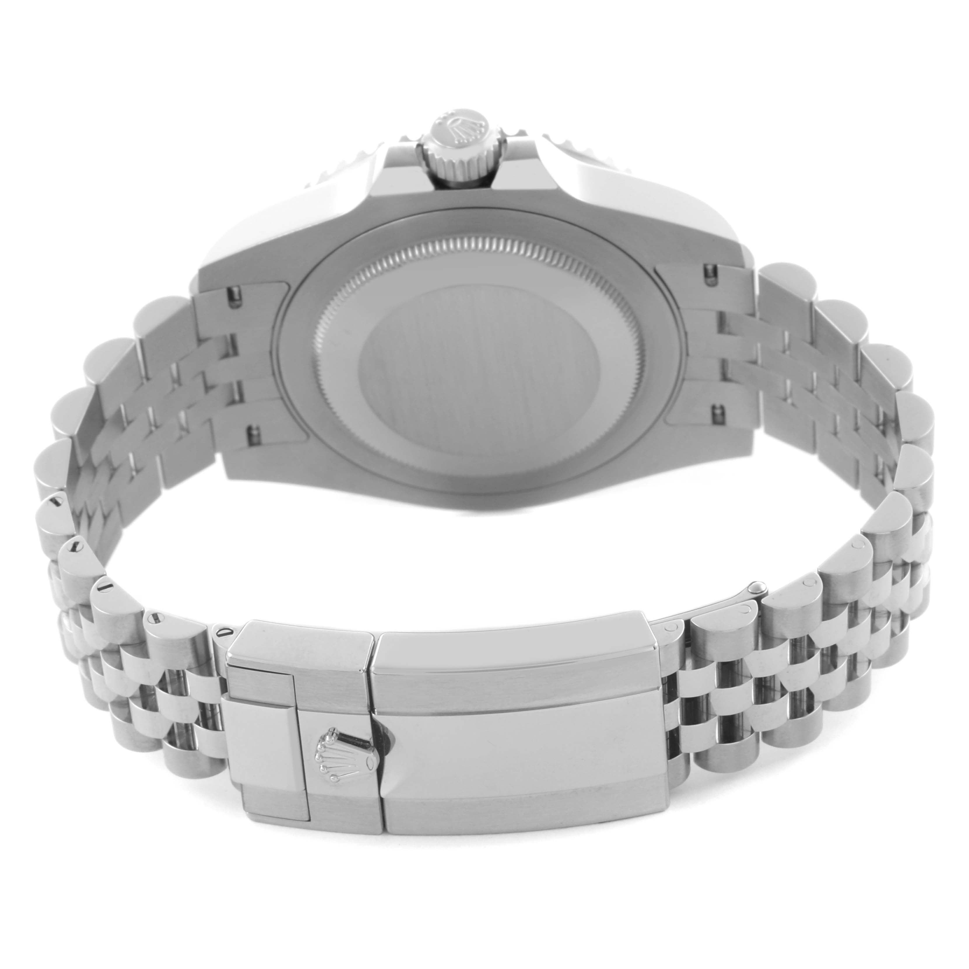 The image shows the back of the Rolex GMT-Master 126710GRNR Men
s Stainless Steel Black Dial 126710GRNR Men
s Stainless Steel Black Dial watch, highlighting the case back, crown, and bracelet clasp.