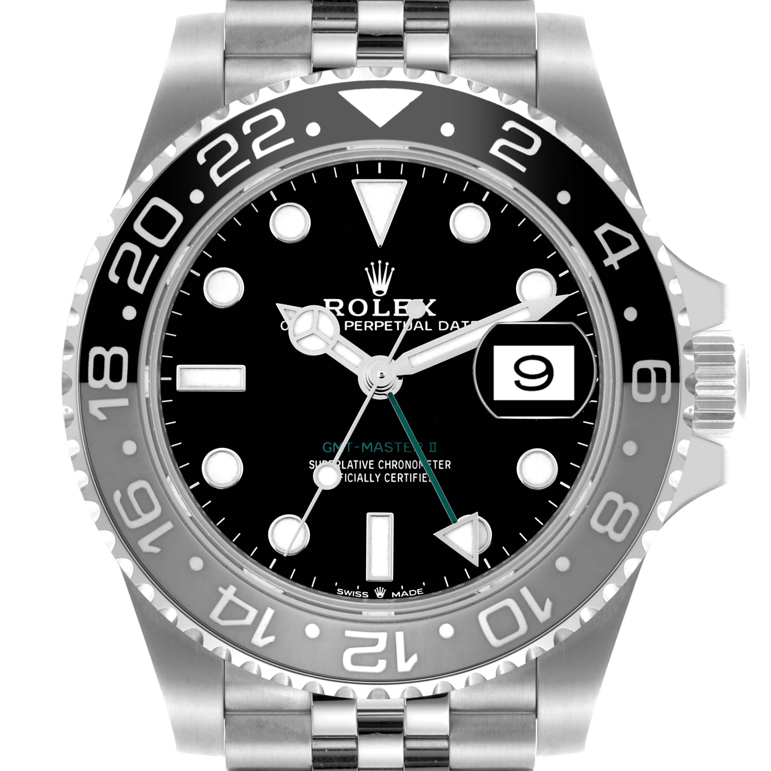The image shows a front view of the Rolex GMT-Master 126710GRNR Men
s Stainless Steel Black Dial 126710GRNR Men
s Stainless Steel Black Dial II watch, highlighting the dial, bezel, and part of the bracelet.