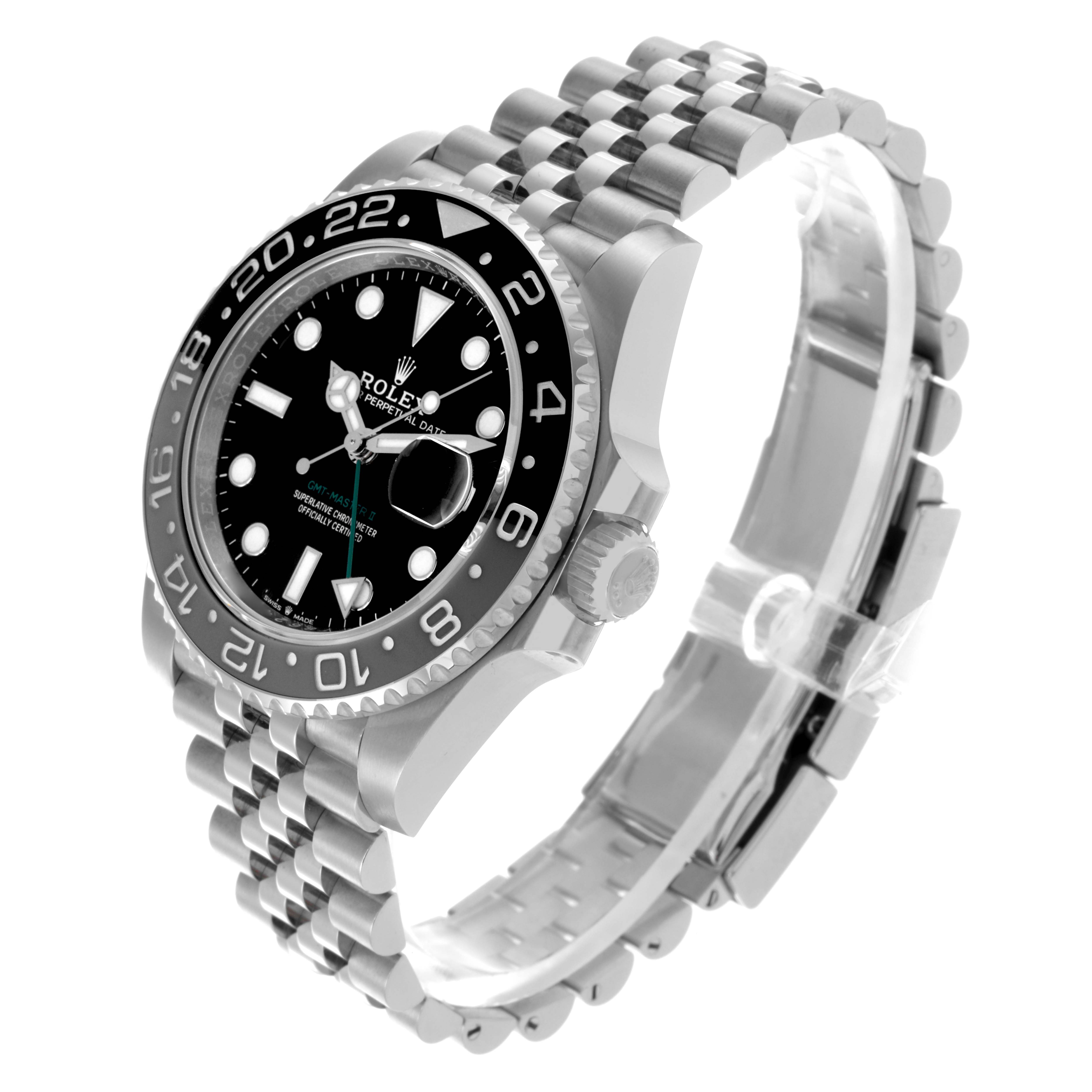 The image shows a side angle of a Rolex GMT-Master 126710GRNR Men
s Stainless Steel Black Dial 126710GRNR Men
s Stainless Steel Black Dial watch, highlighting the bezel, crown, dial, and bracelet.
