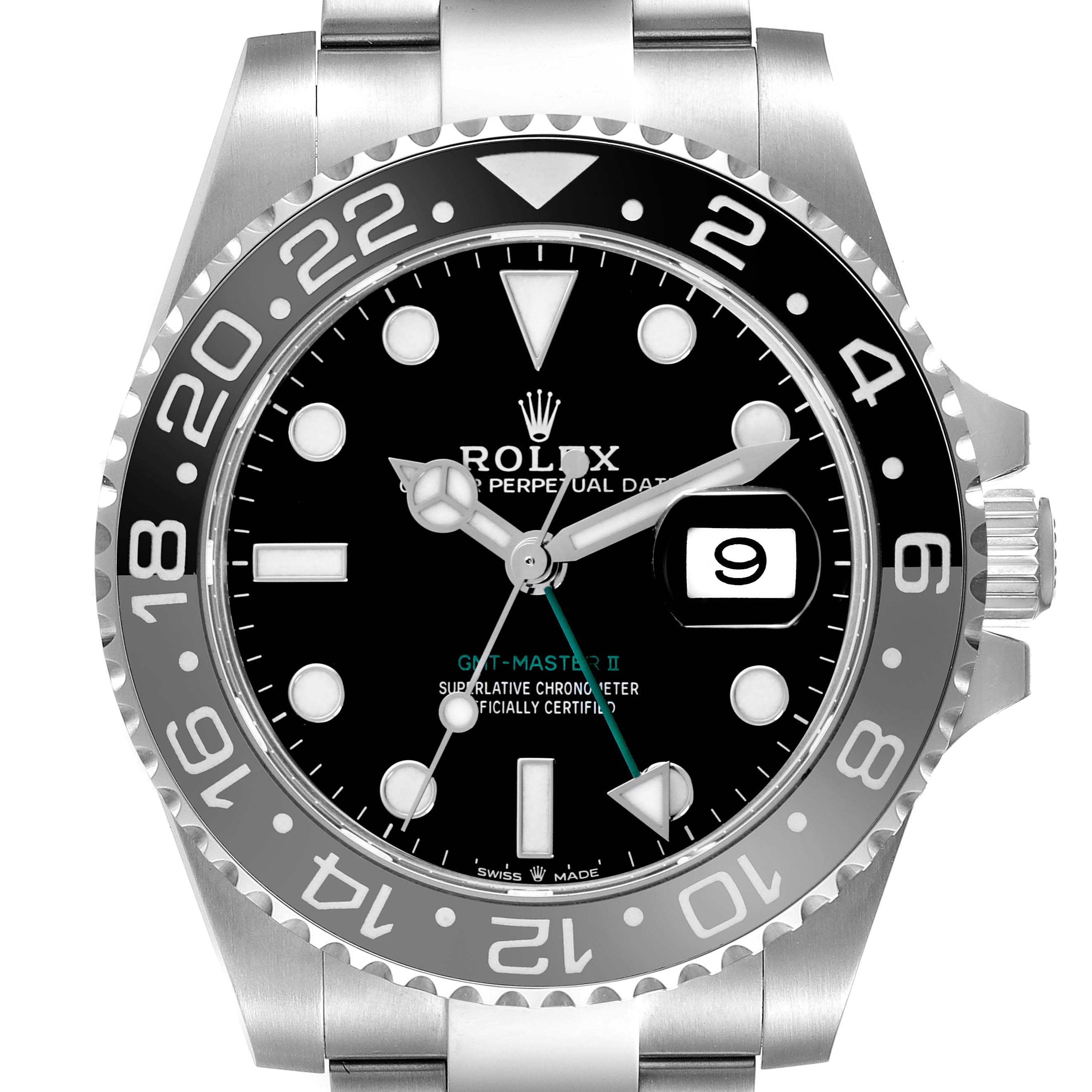 The image shows the Rolex GMT-Master 126710GRNR Men's Stainless Steel Black Dial 126710GRNR Men's Stainless Steel Black Dial II watch face, bezel, and part of the bracelet from a front angle.