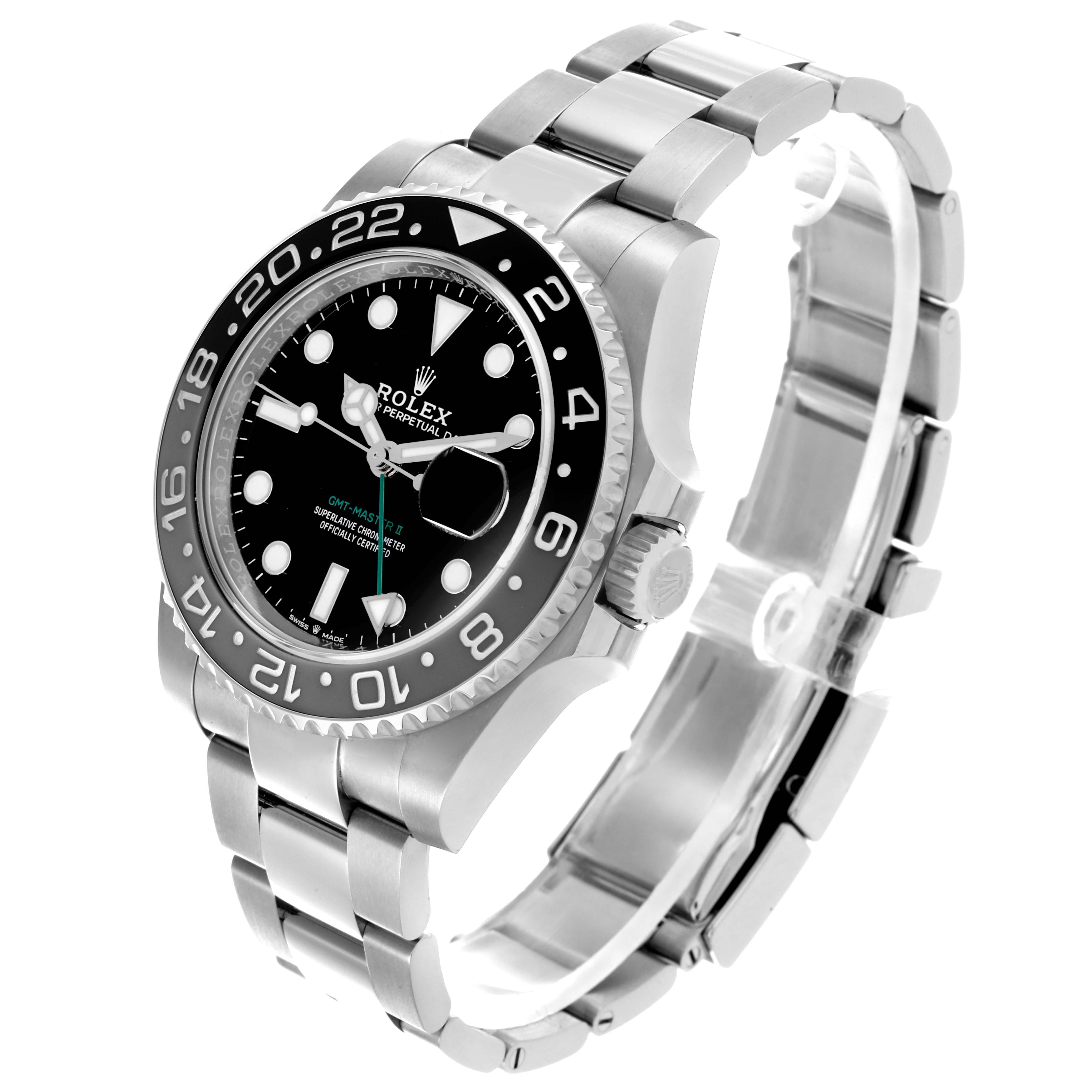 The Rolex GMT-Master 126710GRNR Men's Stainless Steel Black Dial 126710GRNR Men's Stainless Steel Black Dial watch is shown at a three-quarter angle, displaying the bezel, dial, hands, and stainless steel bracelet.