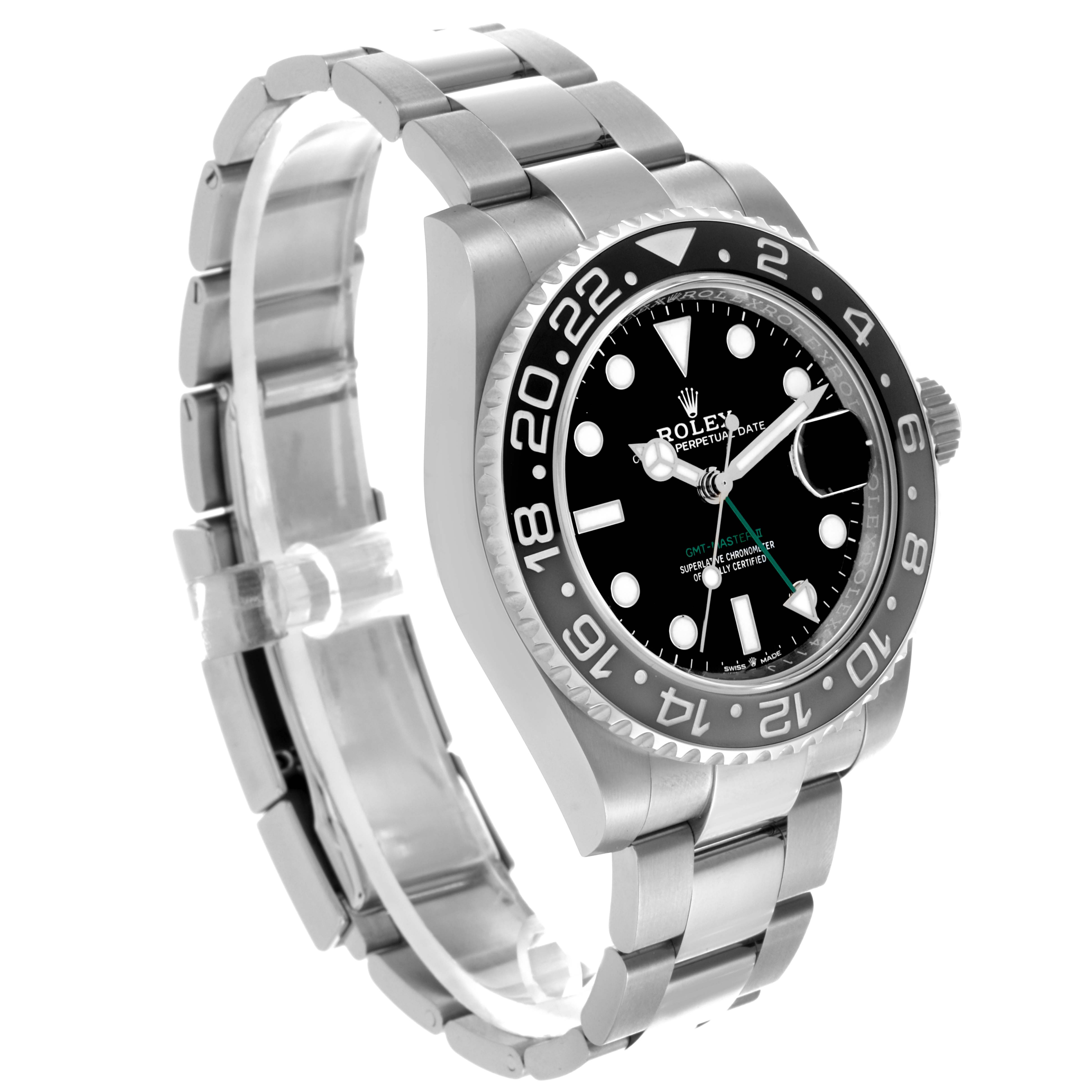 The Rolex GMT-Master 126710GRNR Men's Stainless Steel Black Dial 126710GRNR Men's Stainless Steel Black Dial watch is shown from a front angle, highlighting the dial, bezel, and bracelet.