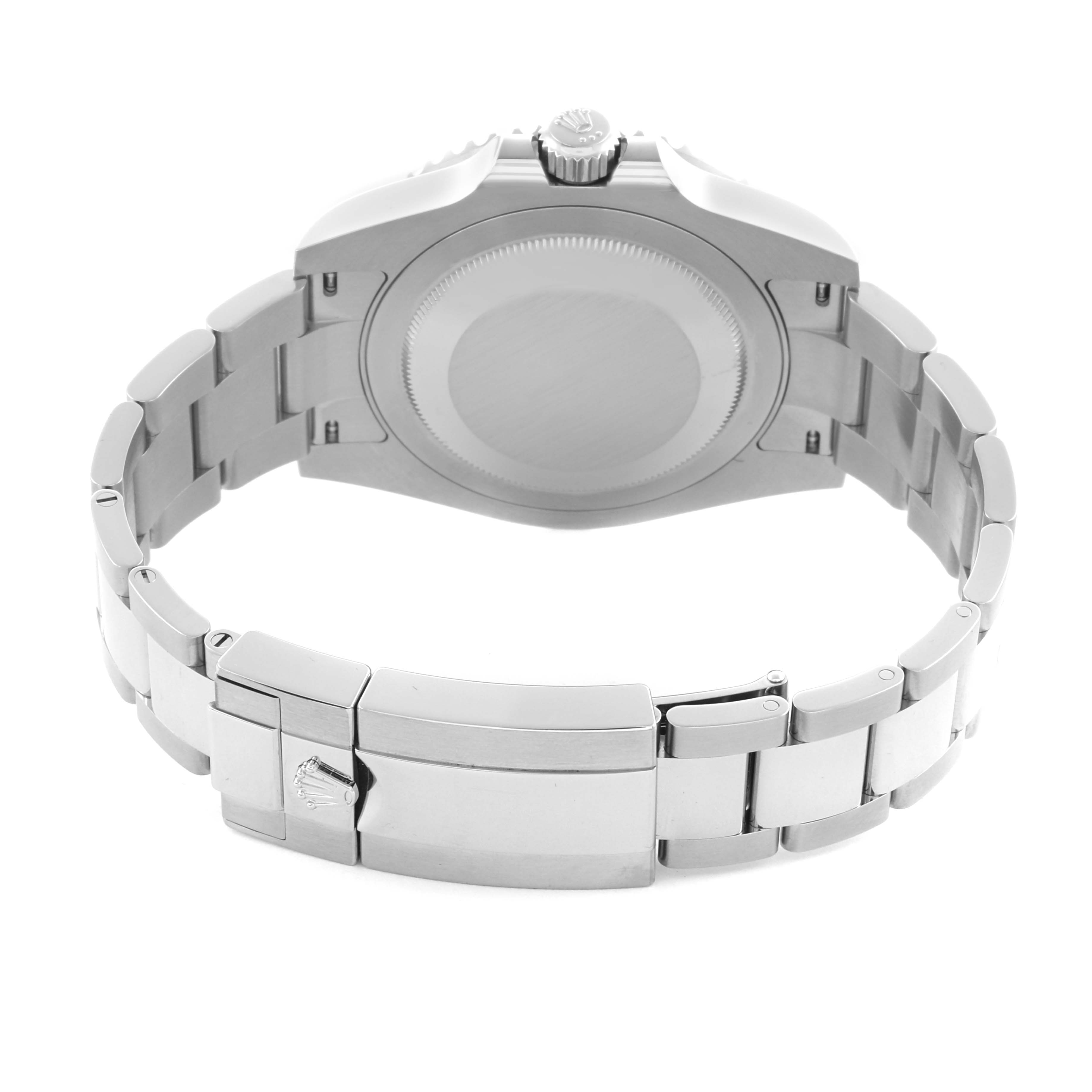 The image shows the back view of a Rolex GMT-Master 126710GRNR Men's Stainless Steel Black Dial 126710GRNR Men's Stainless Steel Black Dial watch, highlighting the case back, crown, and bracelet clasp.